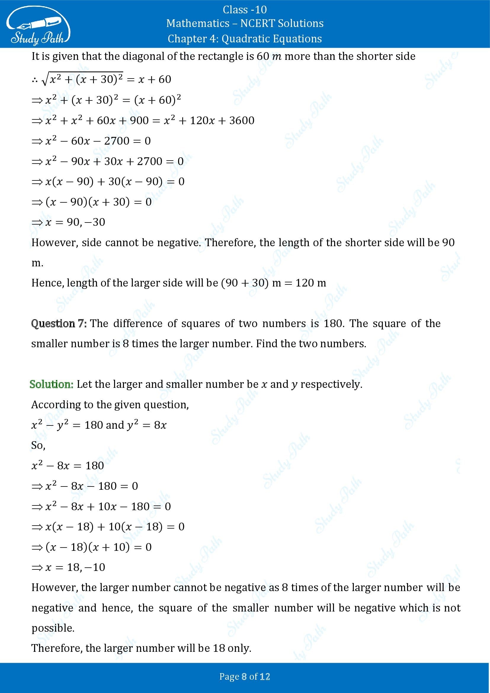 NCERT Solutions for Class 10 Maths Chapter 4 Quadratic Equations Exercise 4.3 0008