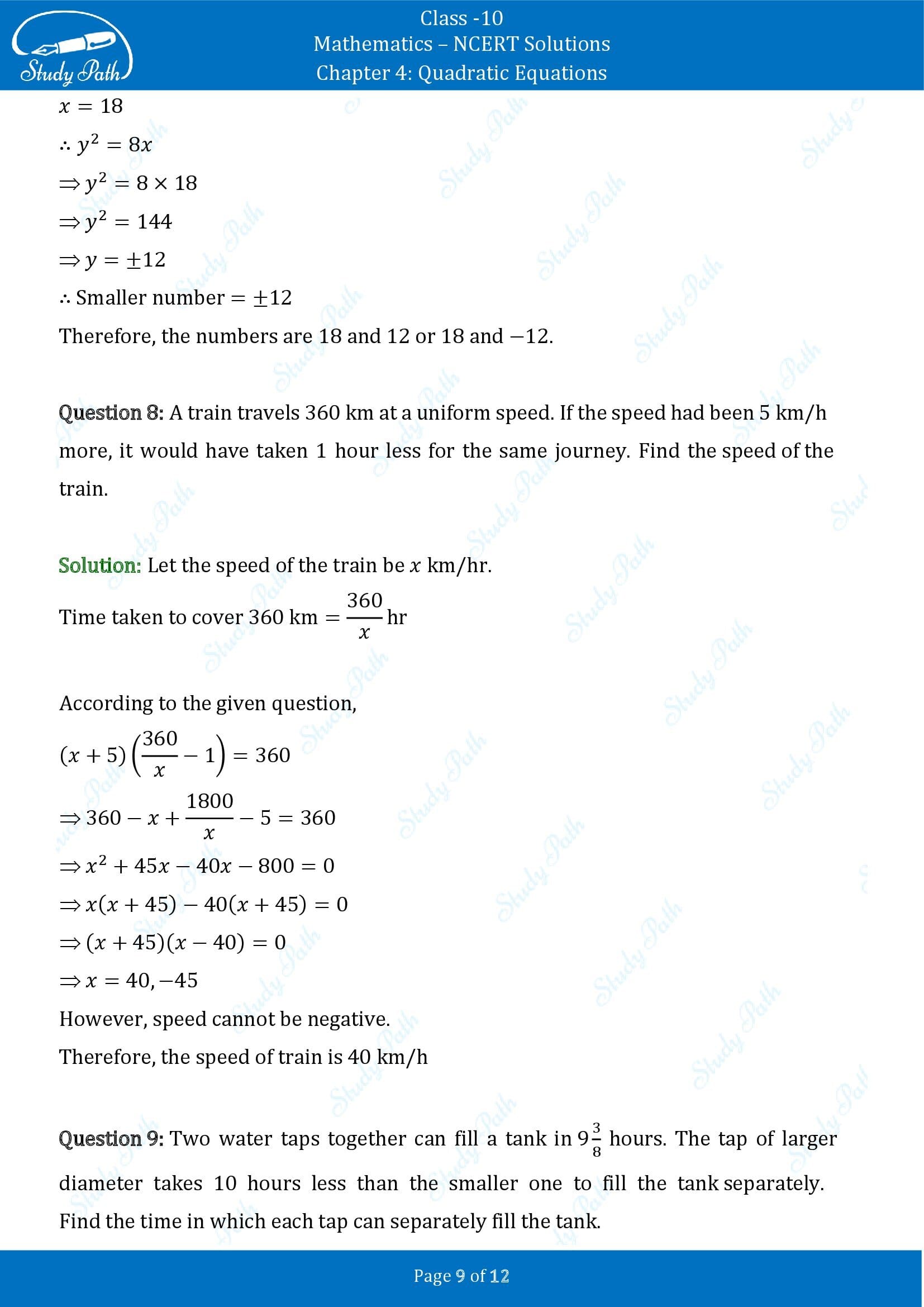 NCERT Solutions for Class 10 Maths Chapter 4 Quadratic Equations Exercise 4.3 0009