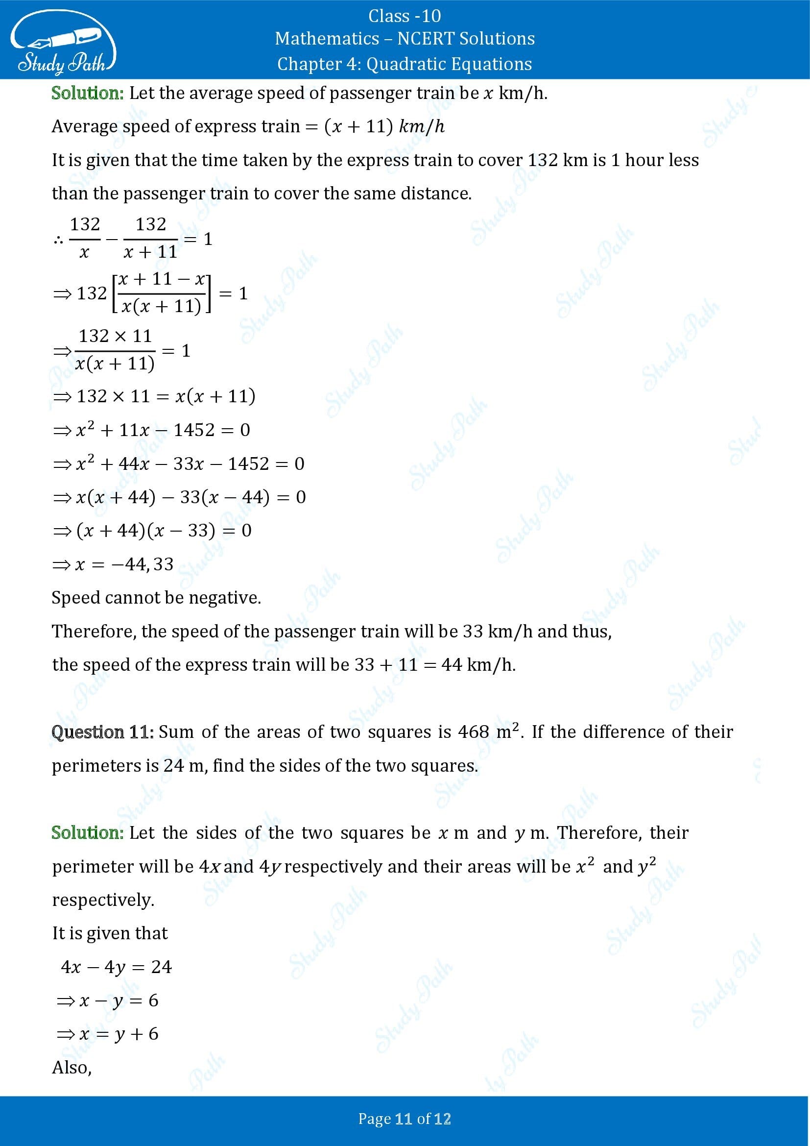 NCERT Solutions for Class 10 Maths Chapter 4 Quadratic Equations Exercise 4.3 0011