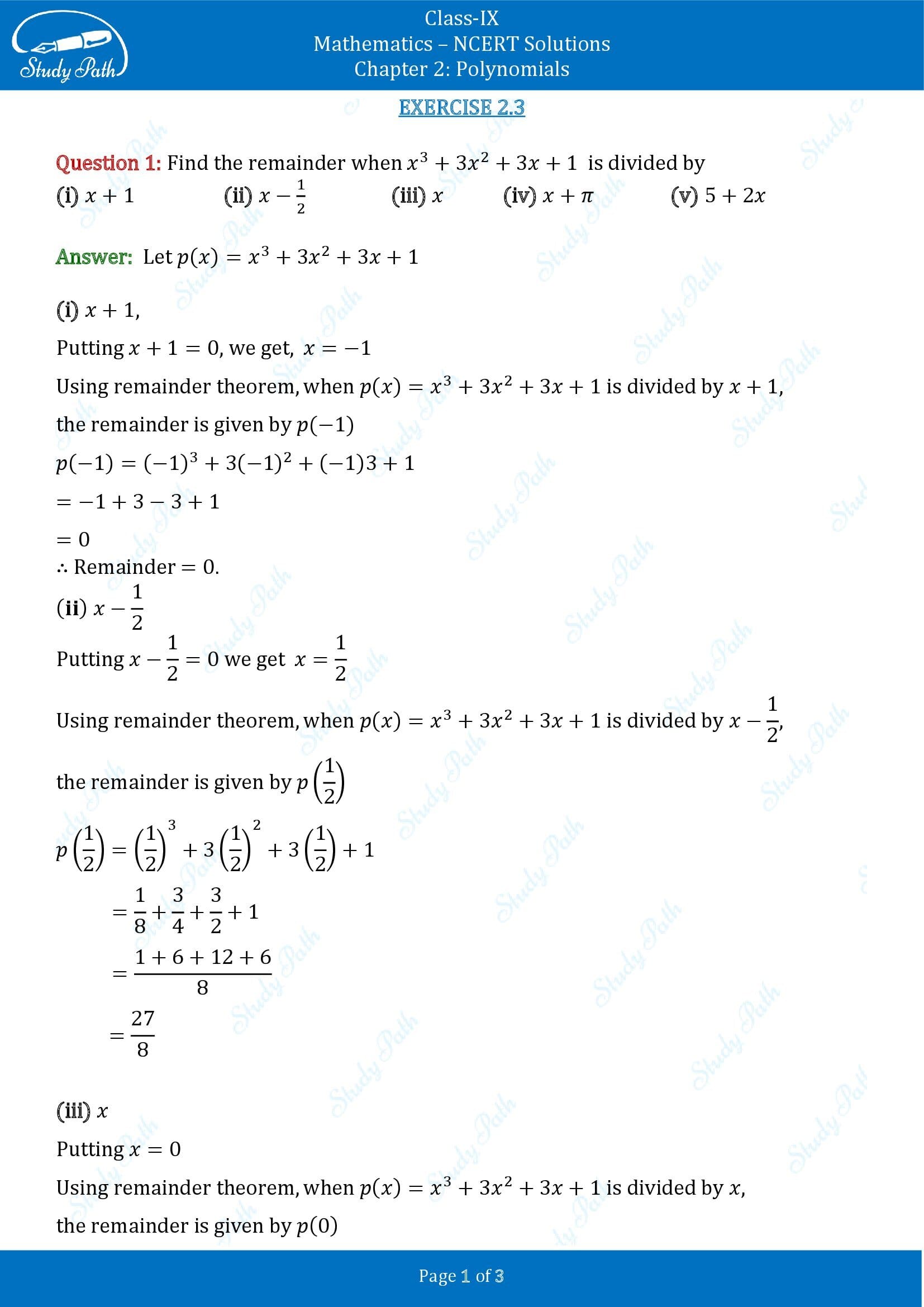 NCERT Solutions for Class 9 Maths Chapter 2 Polynomials Exercise 2.3 00001