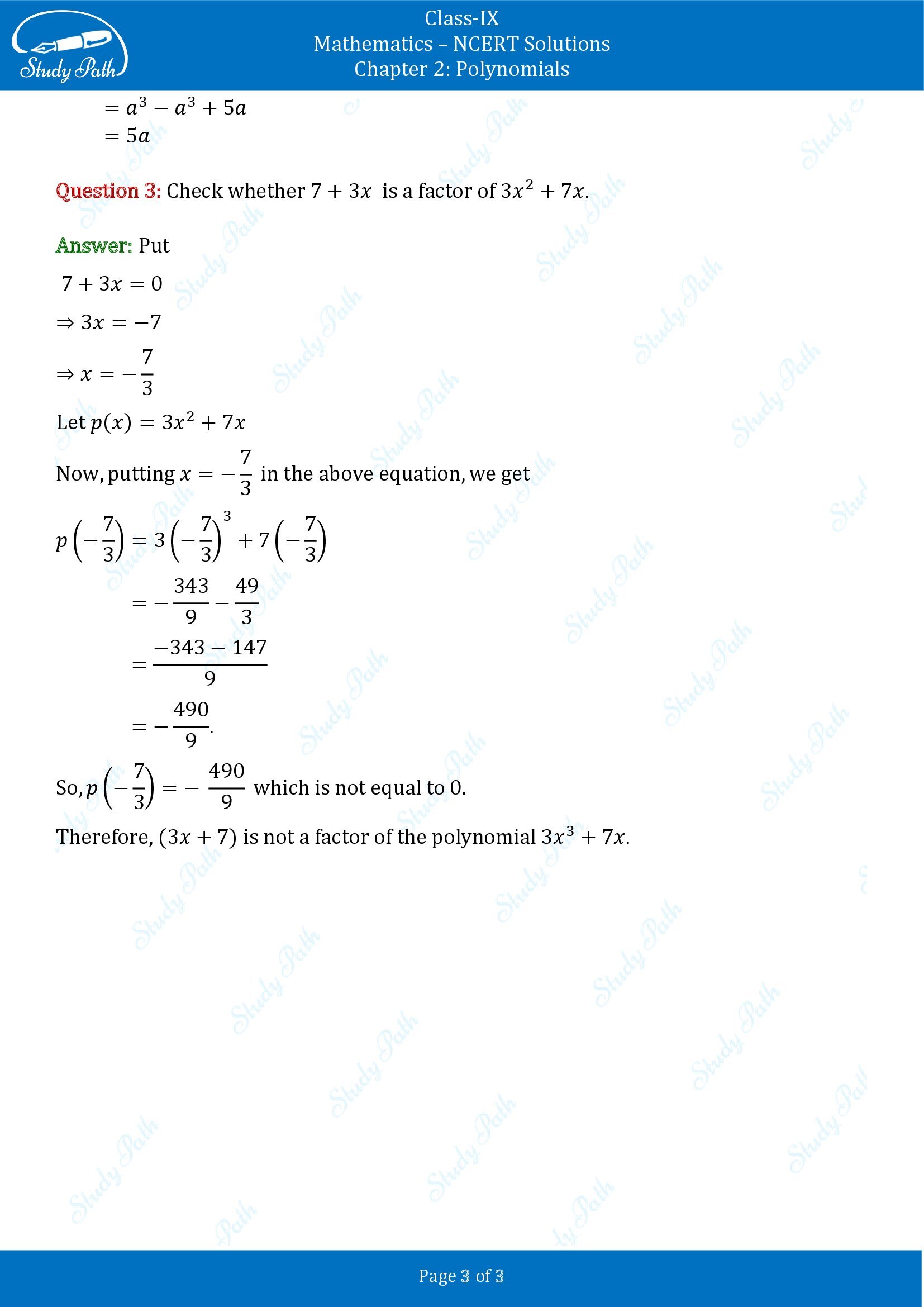 NCERT Solutions for Class 9 Maths Chapter 2 Polynomials Exercise 2.3 00003