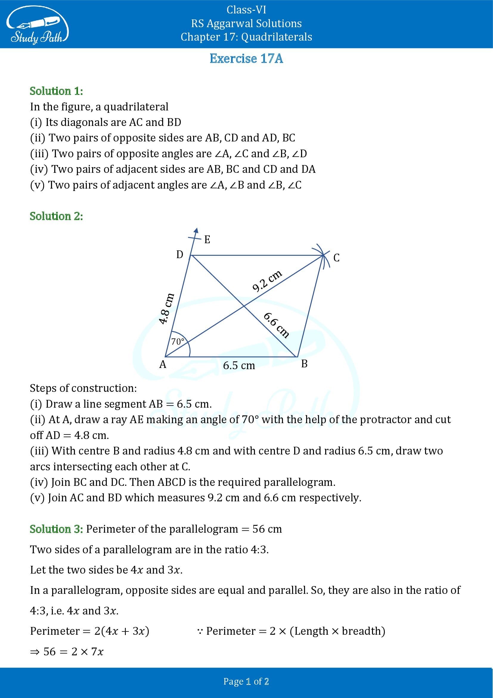 RS Aggarwal Solutions Class 6 Chapter 17 Quadrilaterals Exercise 17A 00001