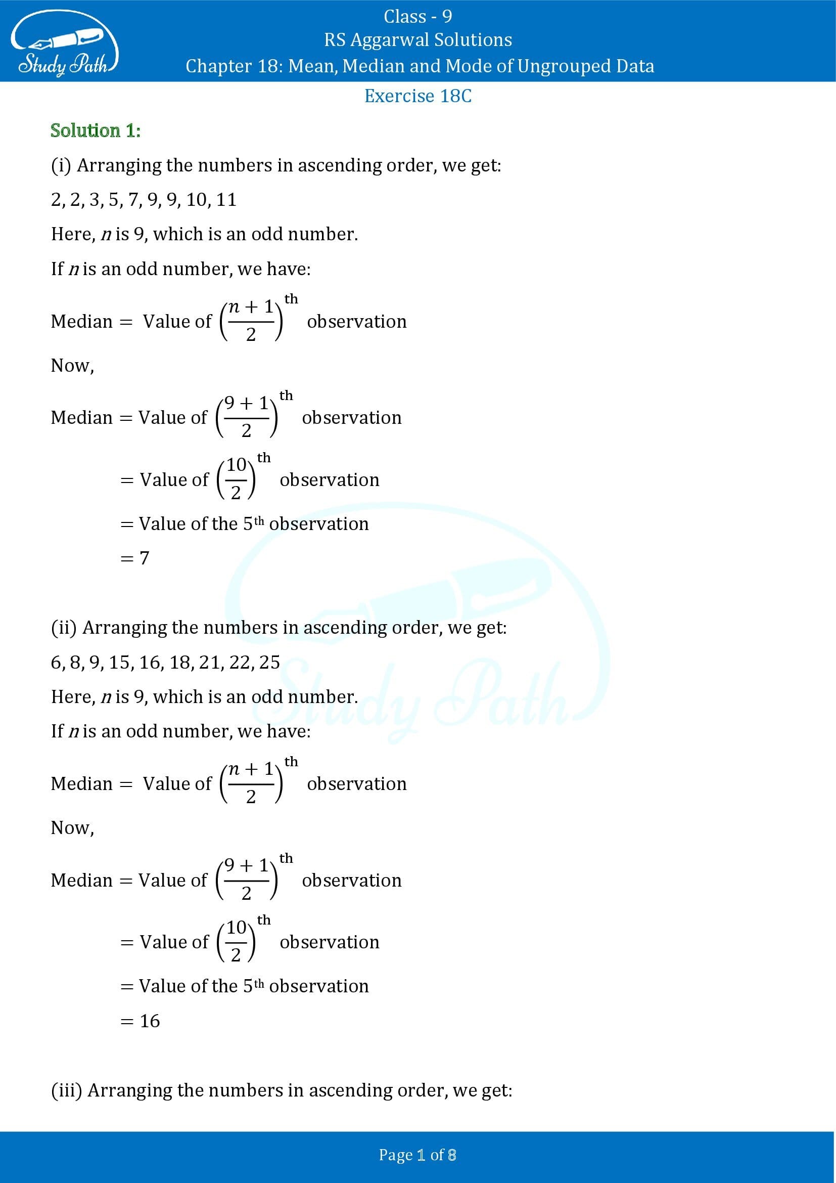 RS Aggarwal Solutions Class 9 Chapter 18 Mean Median and Mode of Ungrouped Data Exercise 18C 0001