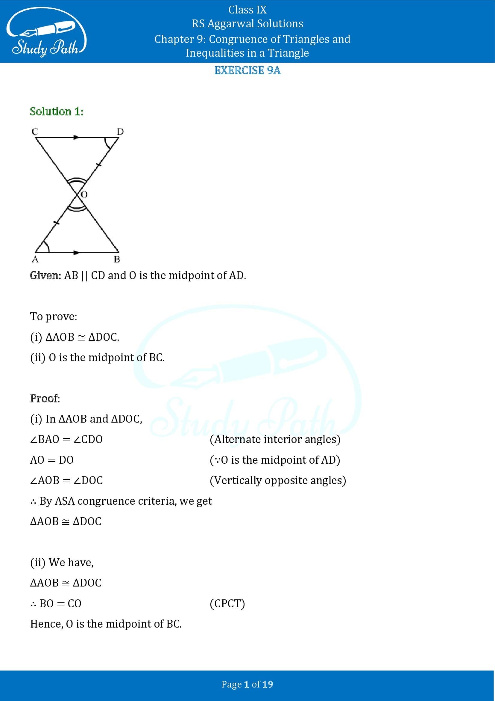 RS Aggarwal Solutions Class 9 Chapter 9 Congruence of Triangles and Inequalities in a Triangle Exercise 9A 0001