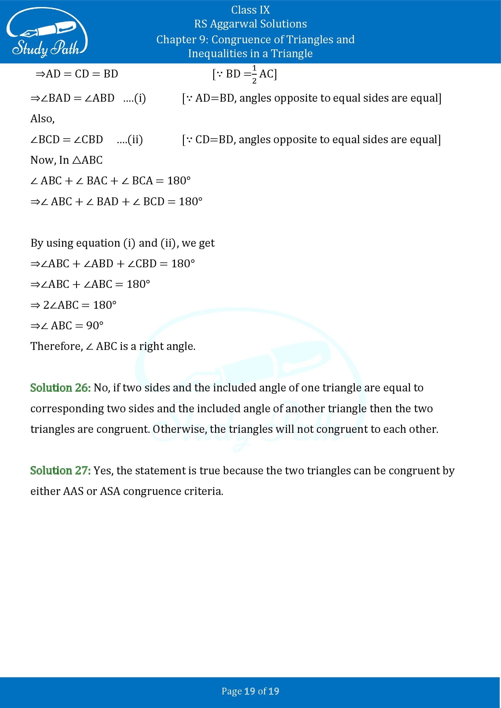 RS Aggarwal Solutions Class 9 Chapter 9 Congruence of Triangles and Inequalities in a Triangle Exercise 9A 0019