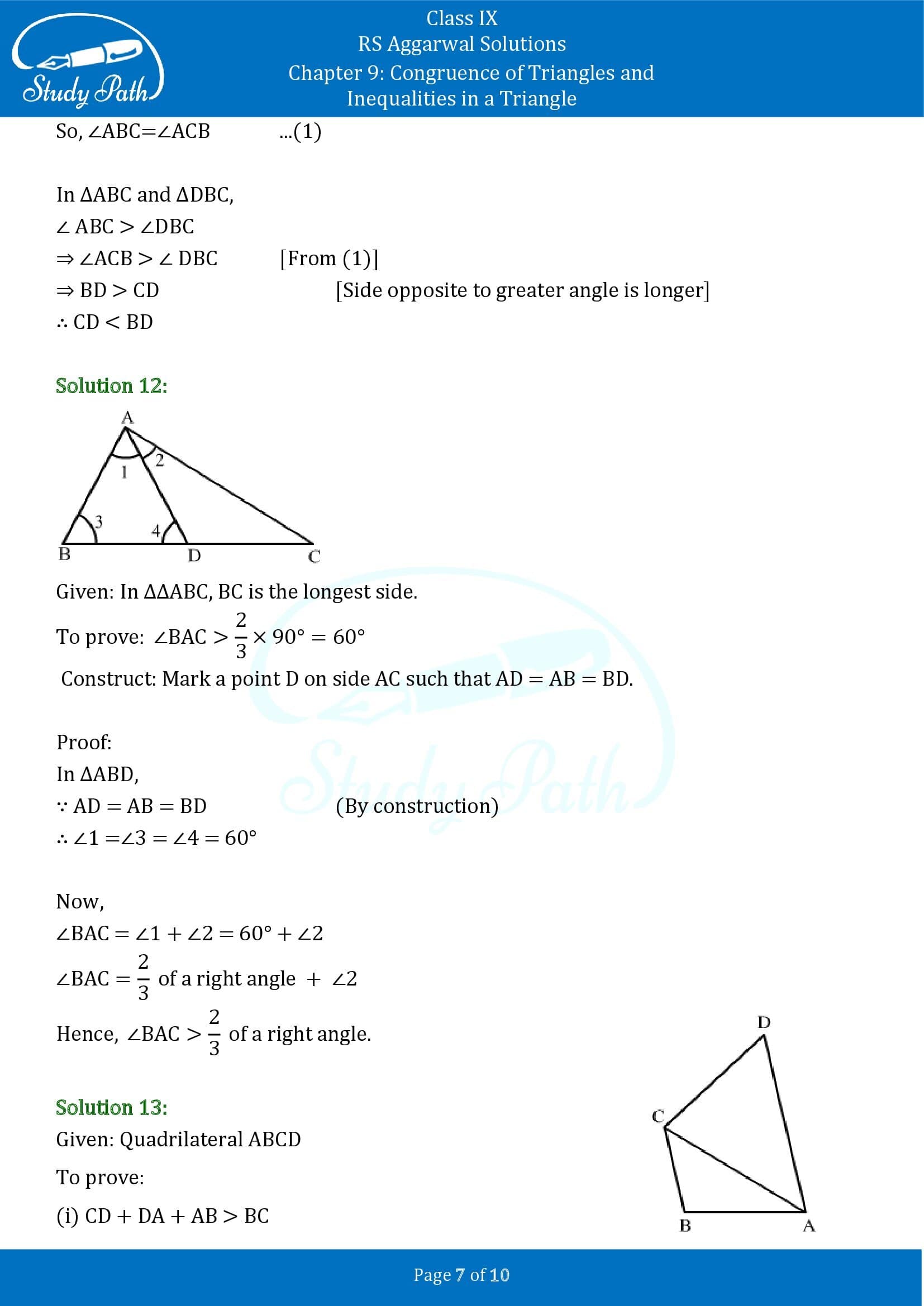 RS Aggarwal Solutions Class 9 Chapter 9 Congruence of Triangles and Inequalities in a Triangle Exercise 9B 0007
