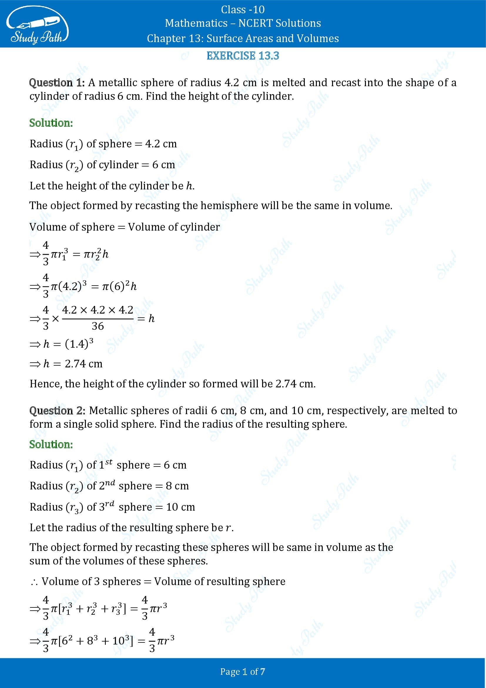 NCERT Solutions for Class 10 Maths Chapter 13 Surface Areas and Volumes Exercise 13.3 00001