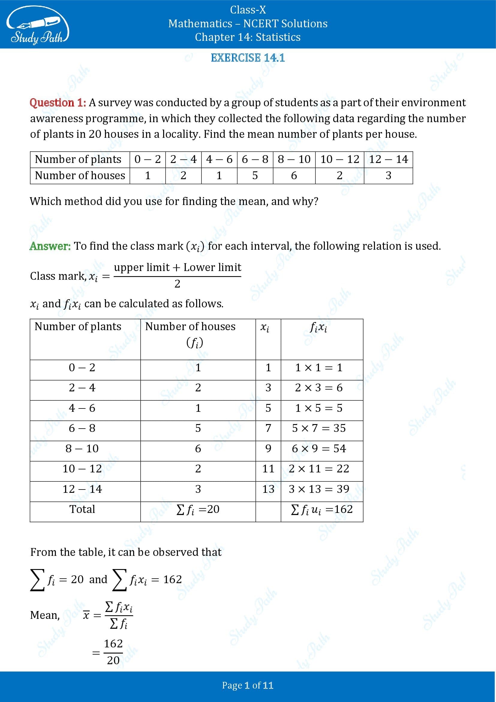 NCERT Solutions for Class 10 Maths Chapter 14 Statistics Exercise 14.1 00001