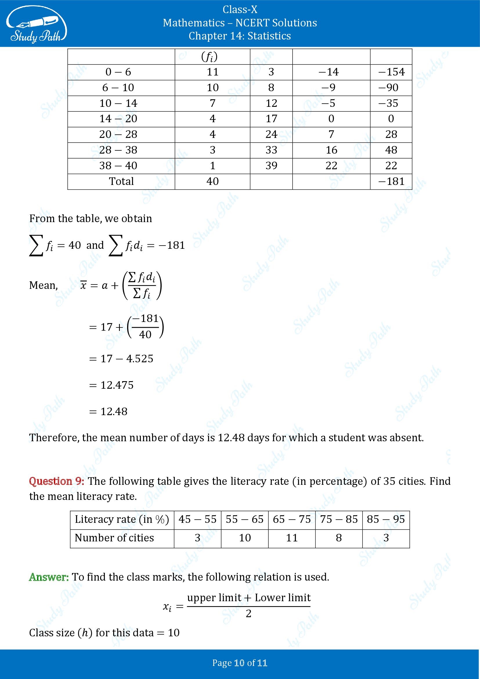 NCERT Solutions for Class 10 Maths Chapter 14 Statistics Exercise 14.1 00010