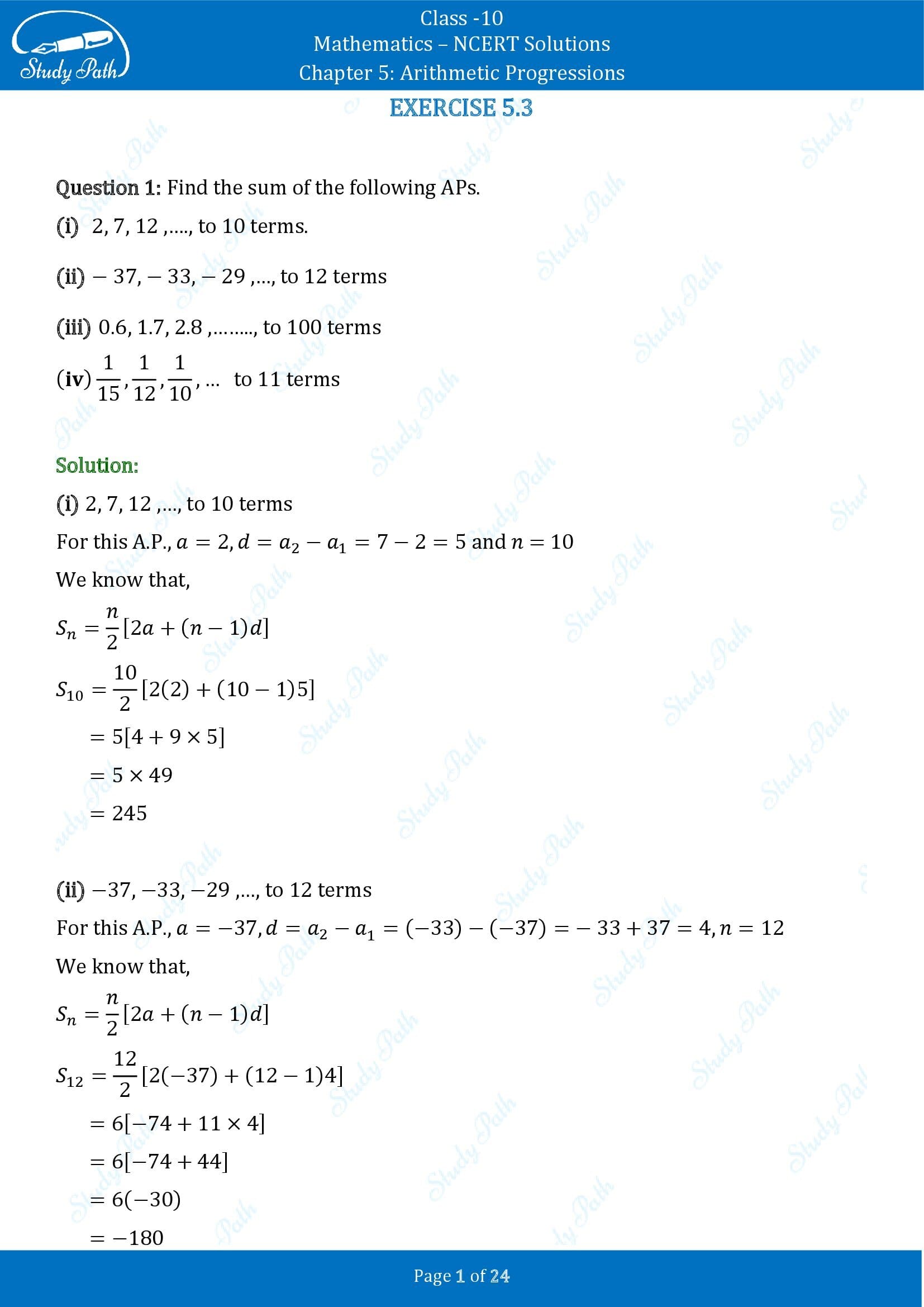 NCERT Solutions for Class 10 Maths Chapter 5 Arithmetic Progressions Exercise 5.3 00001