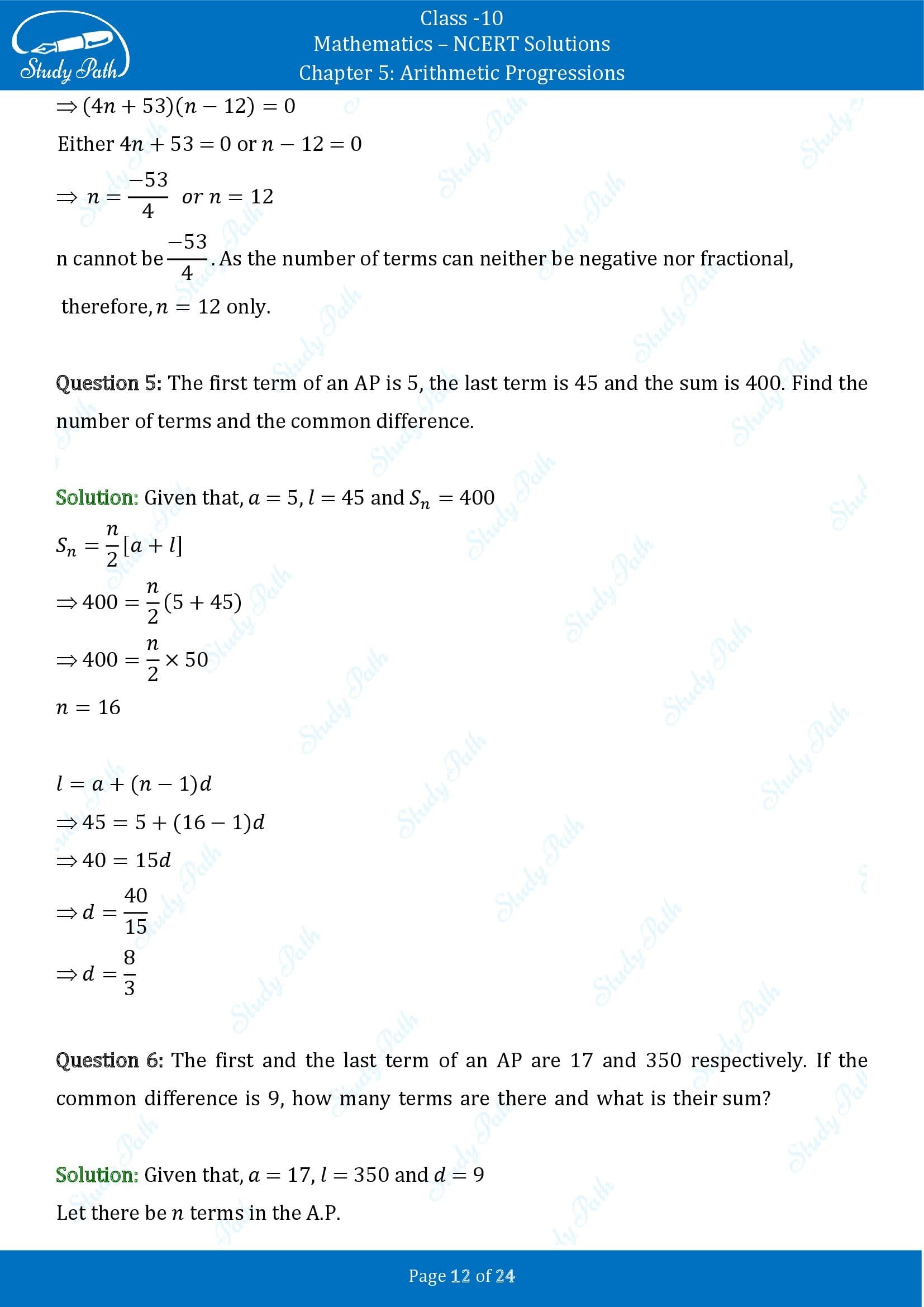 NCERT Solutions for Class 10 Maths Chapter 5 Arithmetic Progressions Exercise 5.3 00012