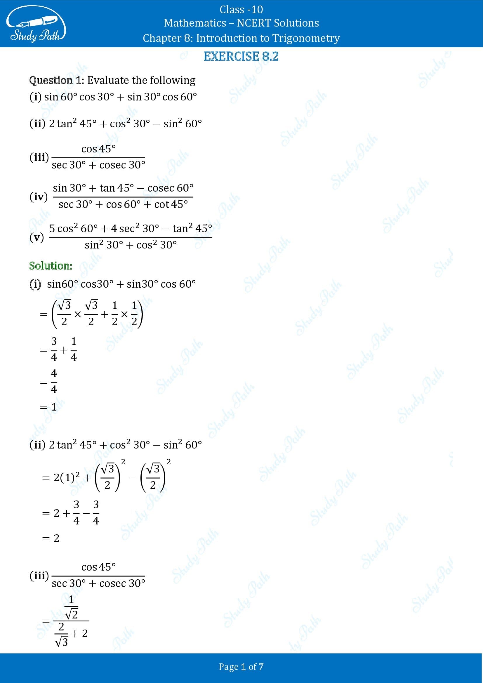 NCERT Solutions for Class 10 Maths Chapter 8 Introduction to Trigonometry Exercise 8.2 00001