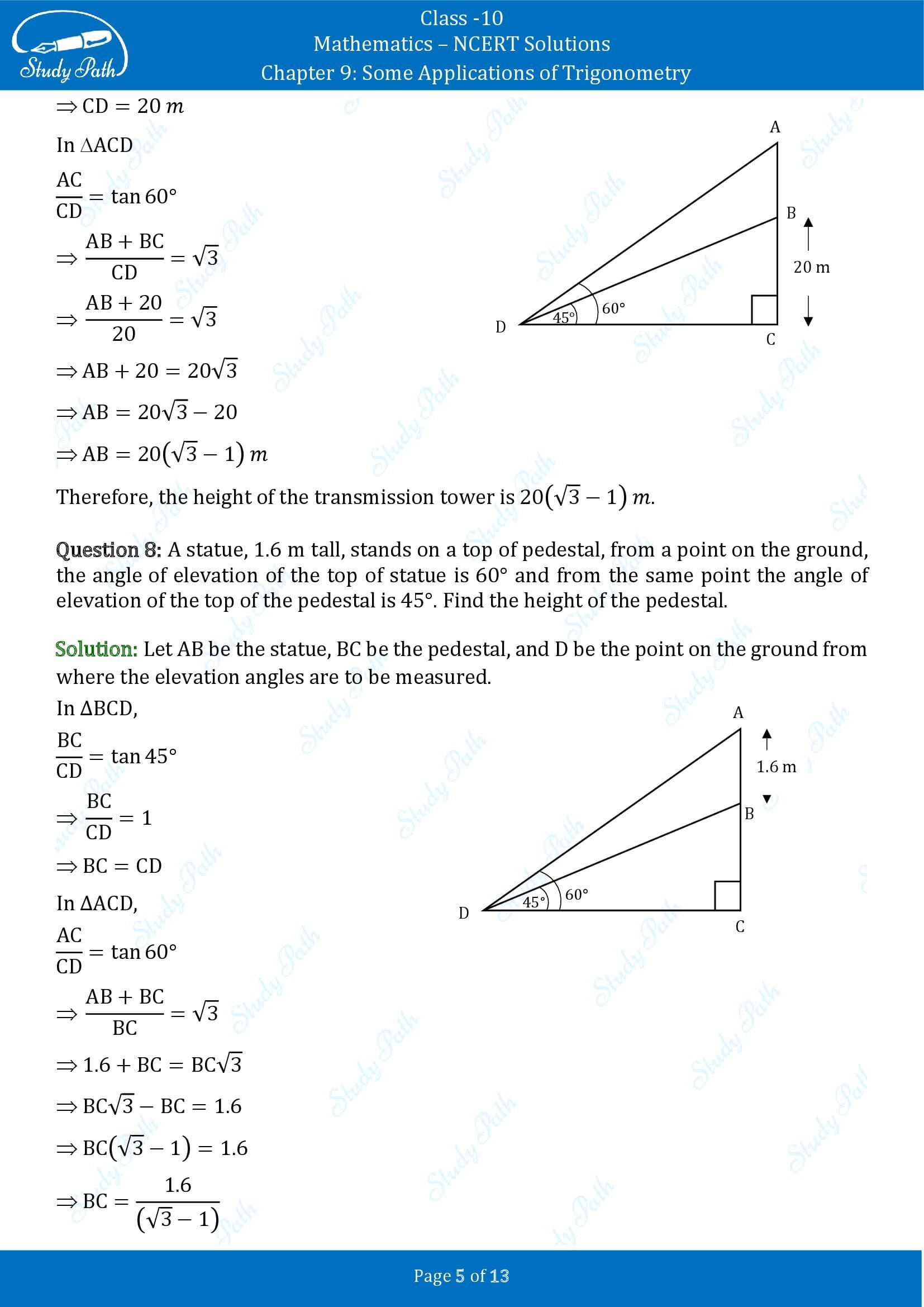 NCERT Solutions for Class 10 Maths Chapter 9 Some Applications of Trigonometry 00005