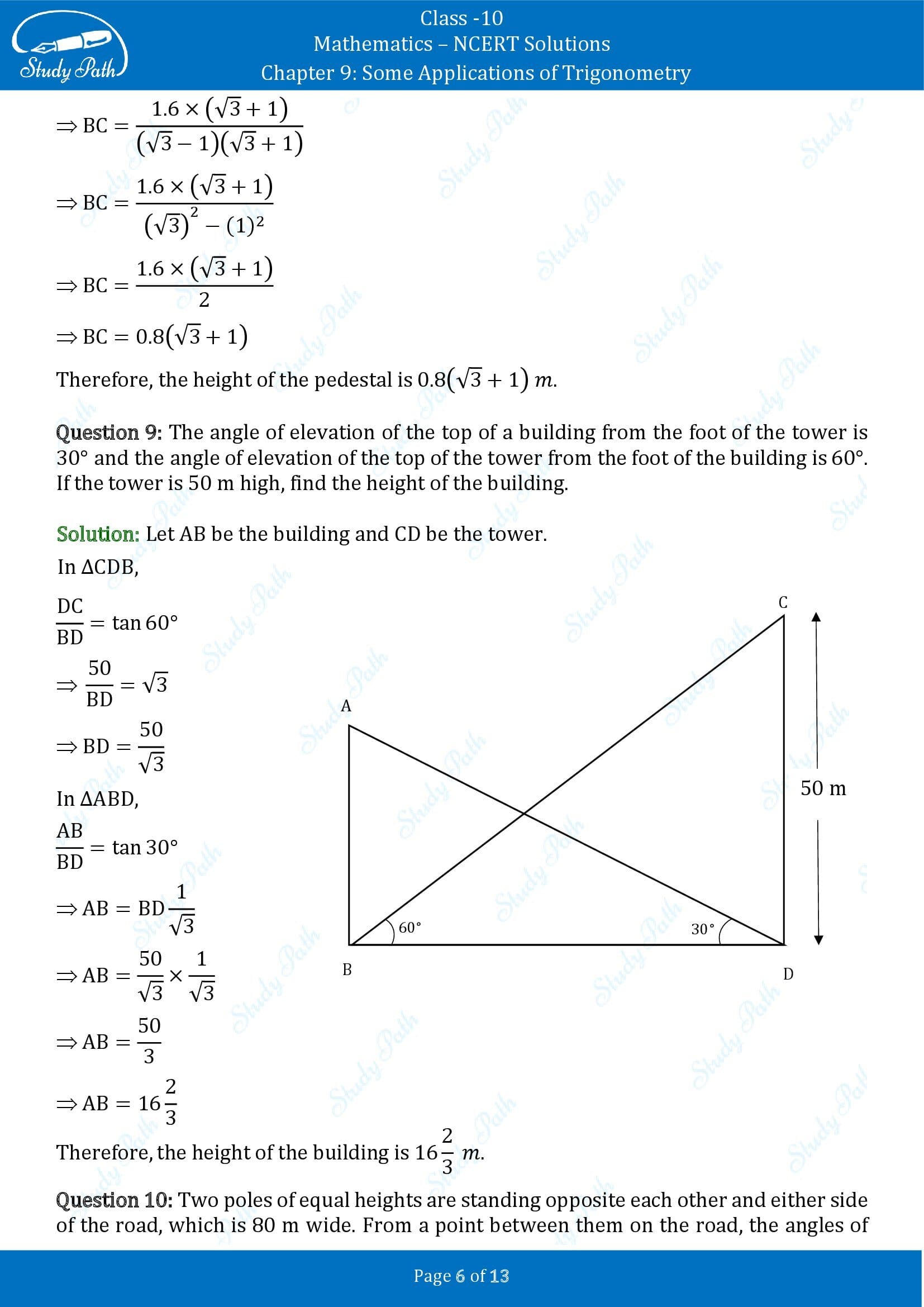 NCERT Solutions for Class 10 Maths Chapter 9 Some Applications of Trigonometry 00006