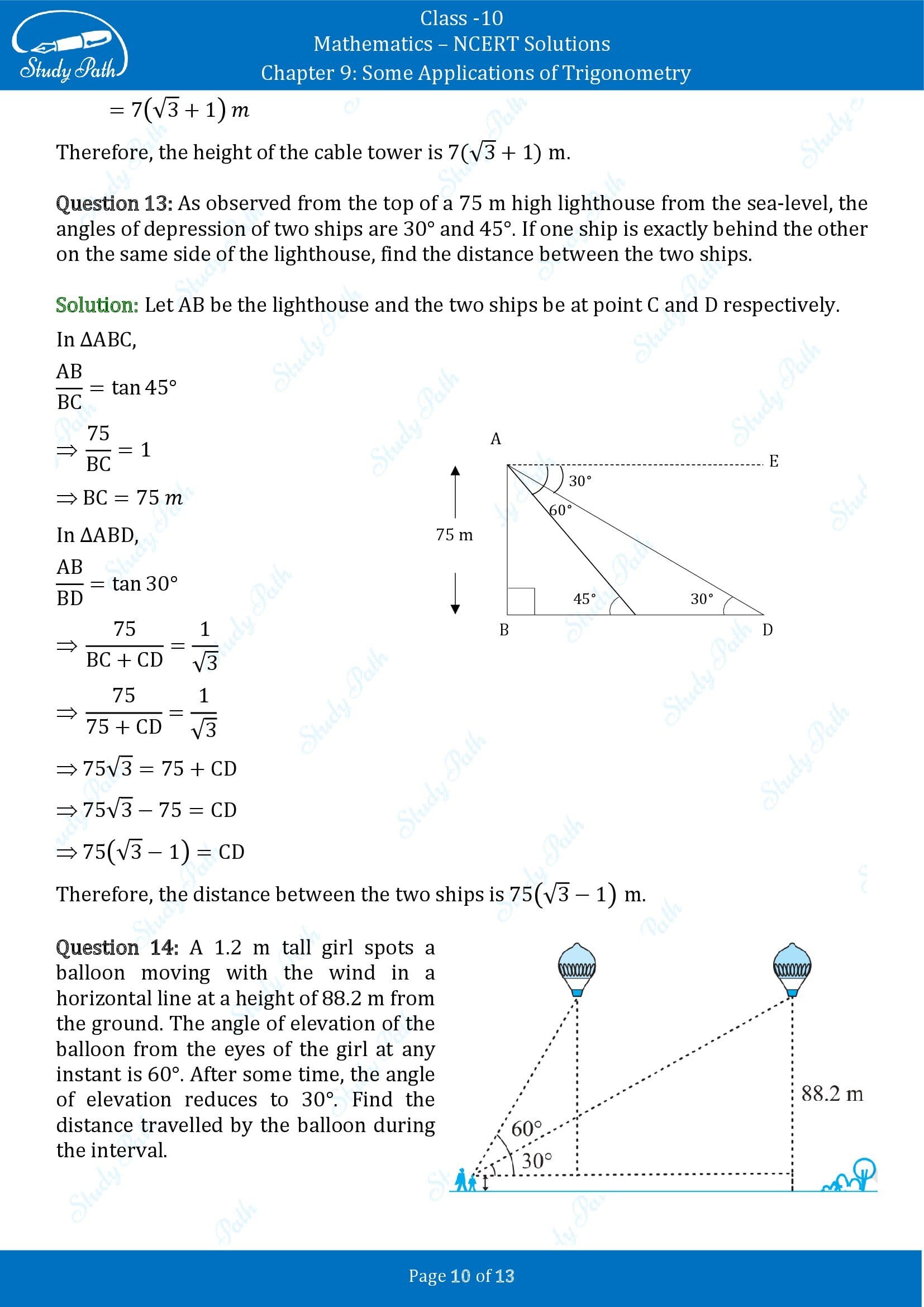 NCERT Solutions for Class 10 Maths Chapter 9 Some Applications of Trigonometry 00010