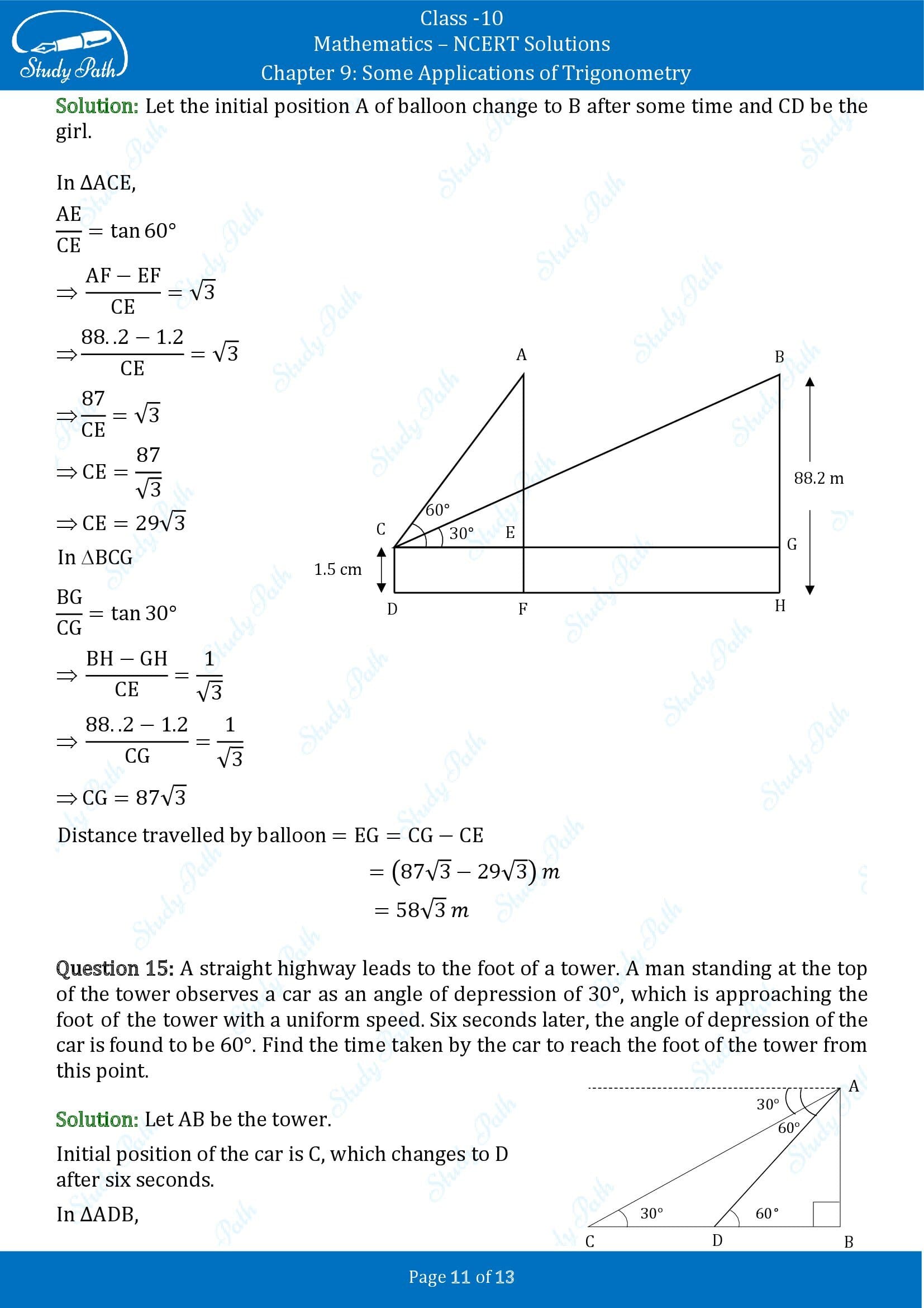 NCERT Solutions for Class 10 Maths Chapter 9 Some Applications of Trigonometry 00011