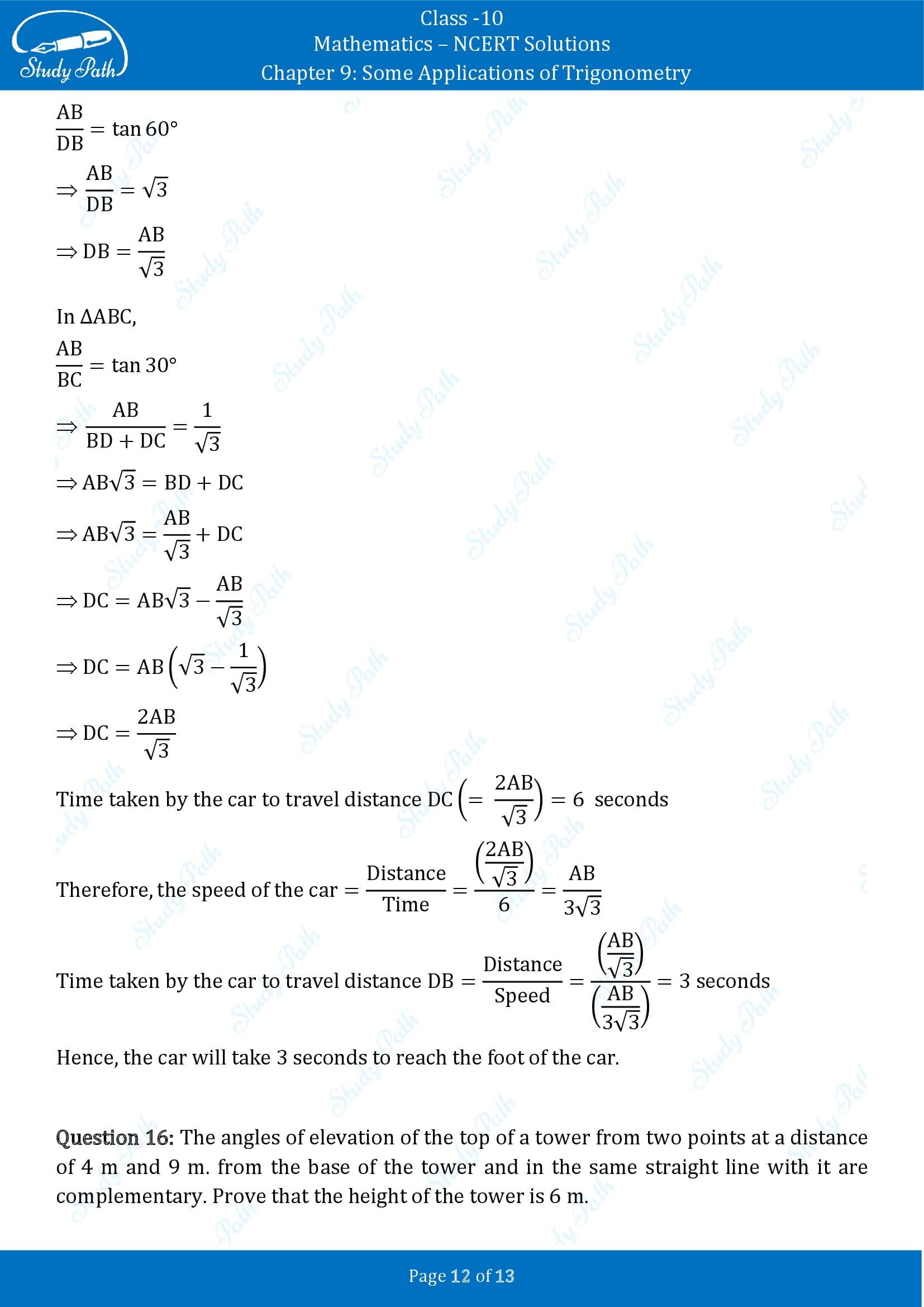 NCERT Solutions for Class 10 Maths Chapter 9 Some Applications of Trigonometry 00012