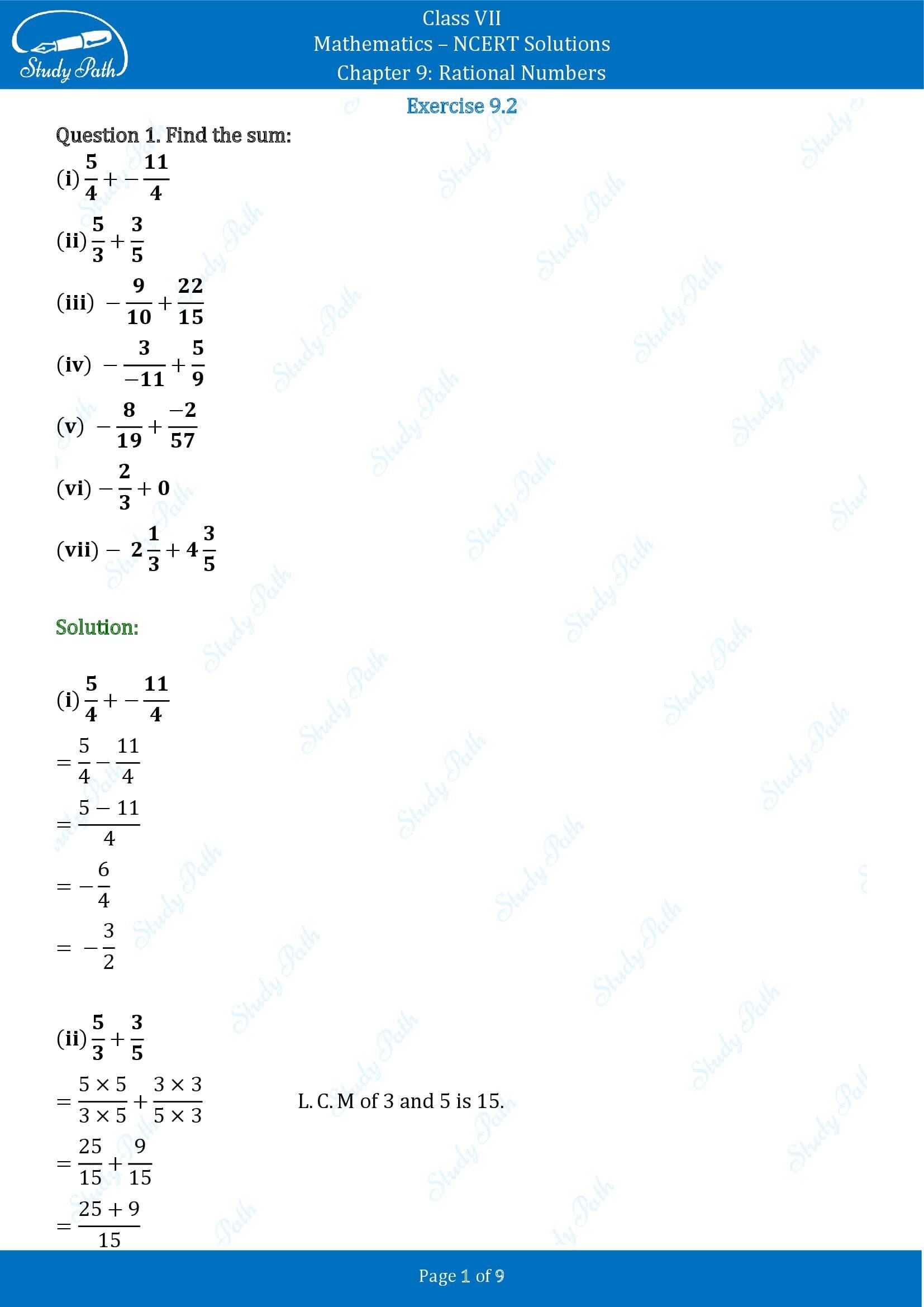 NCERT Solutions for Class 7 Maths Chapter 9 Rational Numbers Exercise 9.2 00001