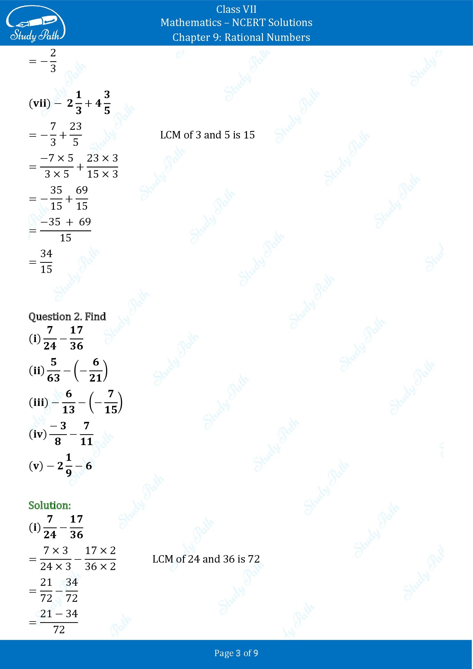 NCERT Solutions for Class 7 Maths Chapter 9 Rational Numbers Exercise 9.2 00003