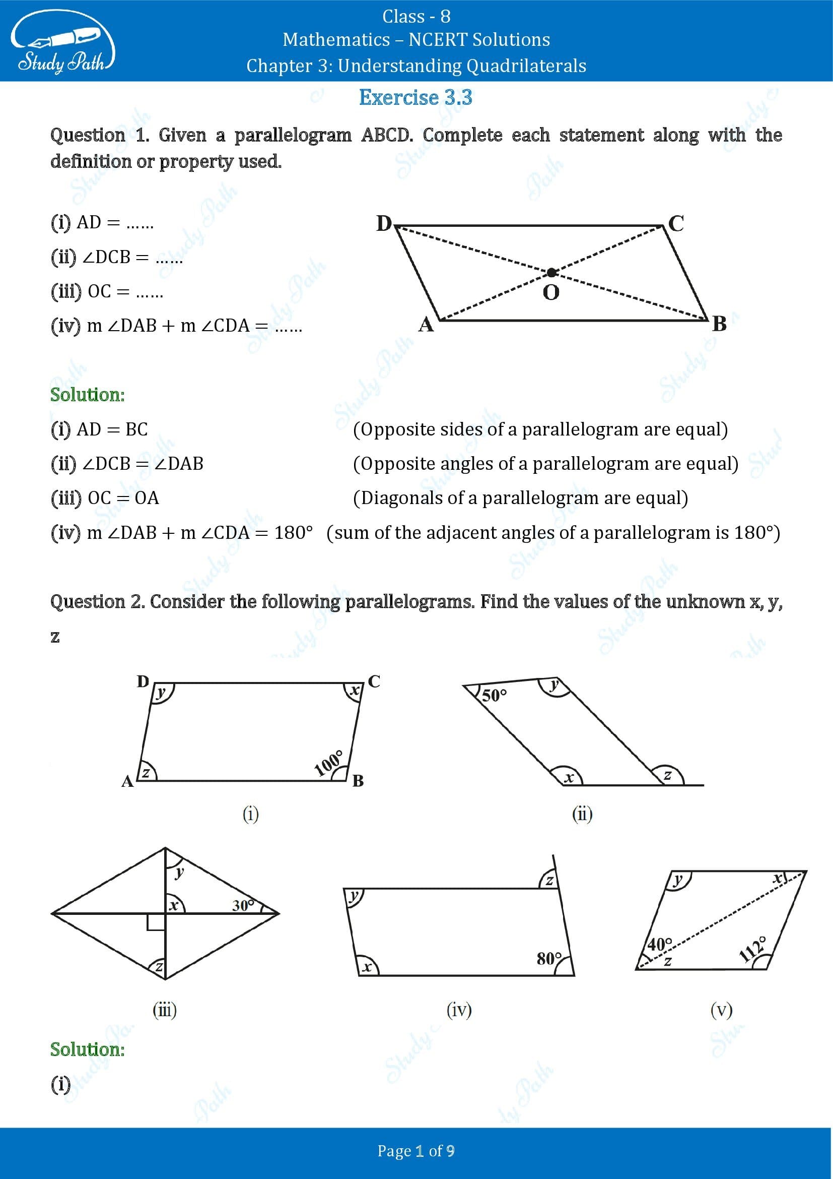 NCERT Solutions for Class 8 Maths Chapter 3 Understanding Quadrilaterals Exercise 3.3 00001