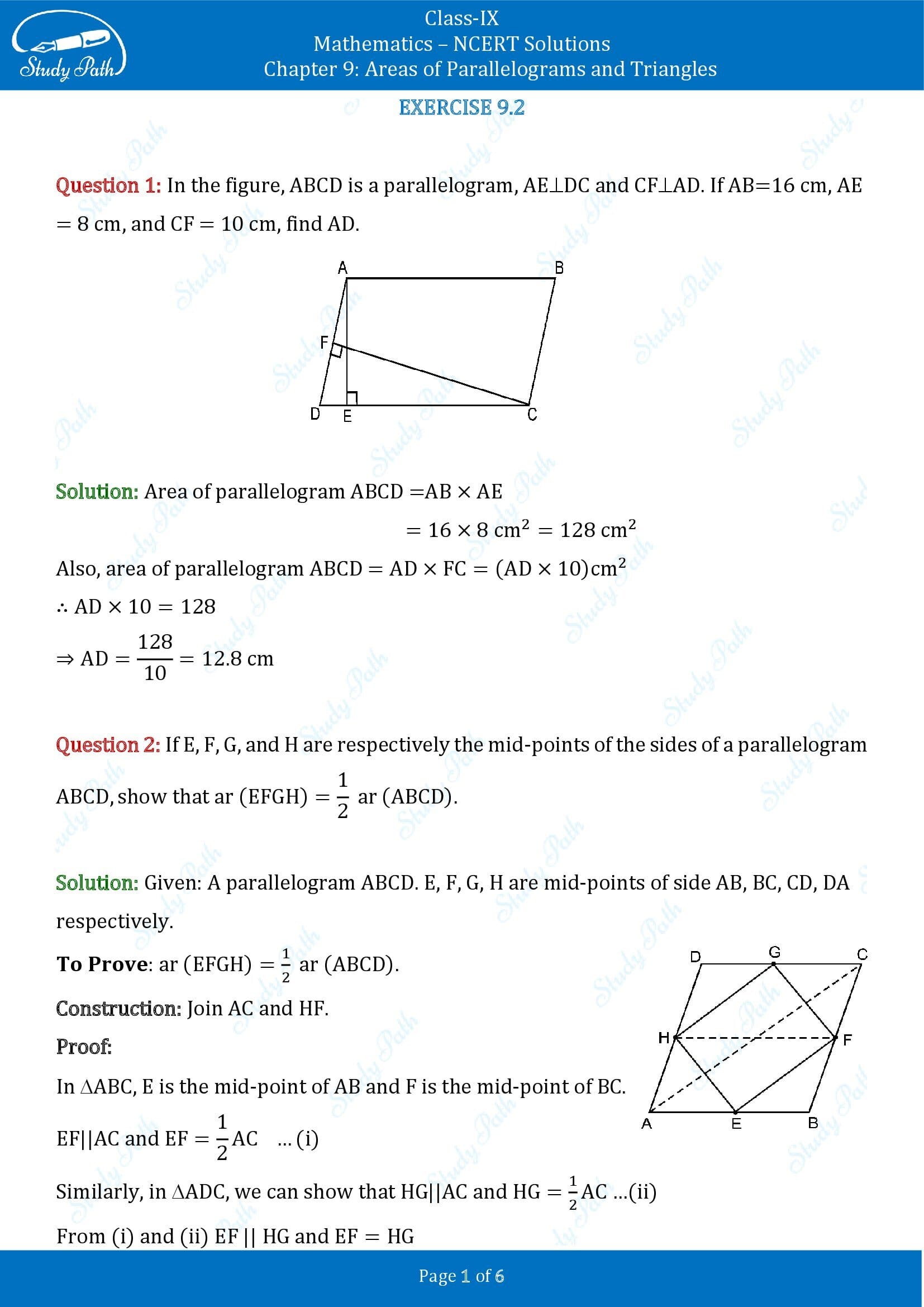 NCERT Solutions for Class 9 Maths Chapter 9 Areas of Parallelograms and Triangles Exercise 9.2 00001