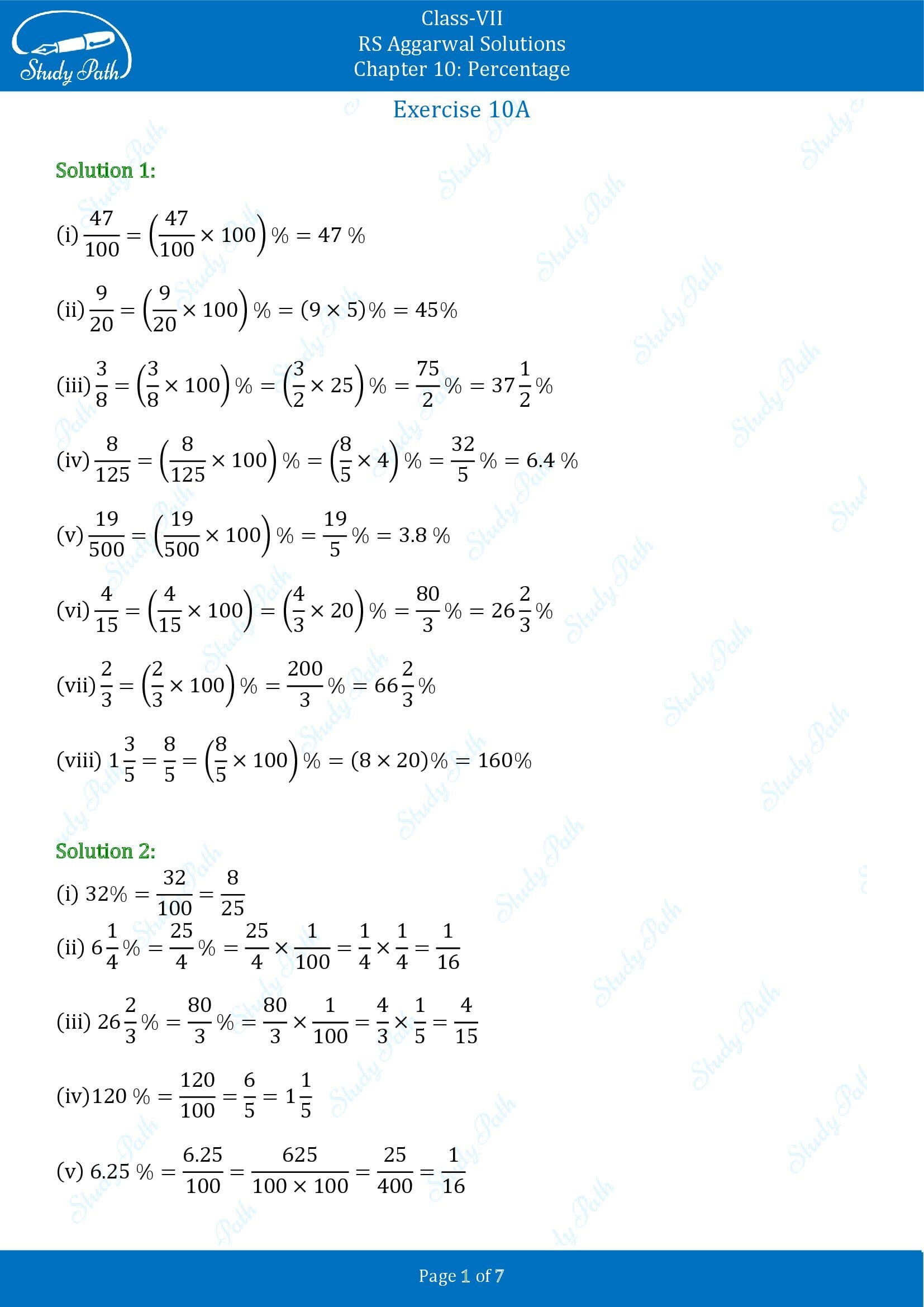 RS Aggarwal Solutions Class 7 Chapter 10 Percentage Exercise 10A 00001