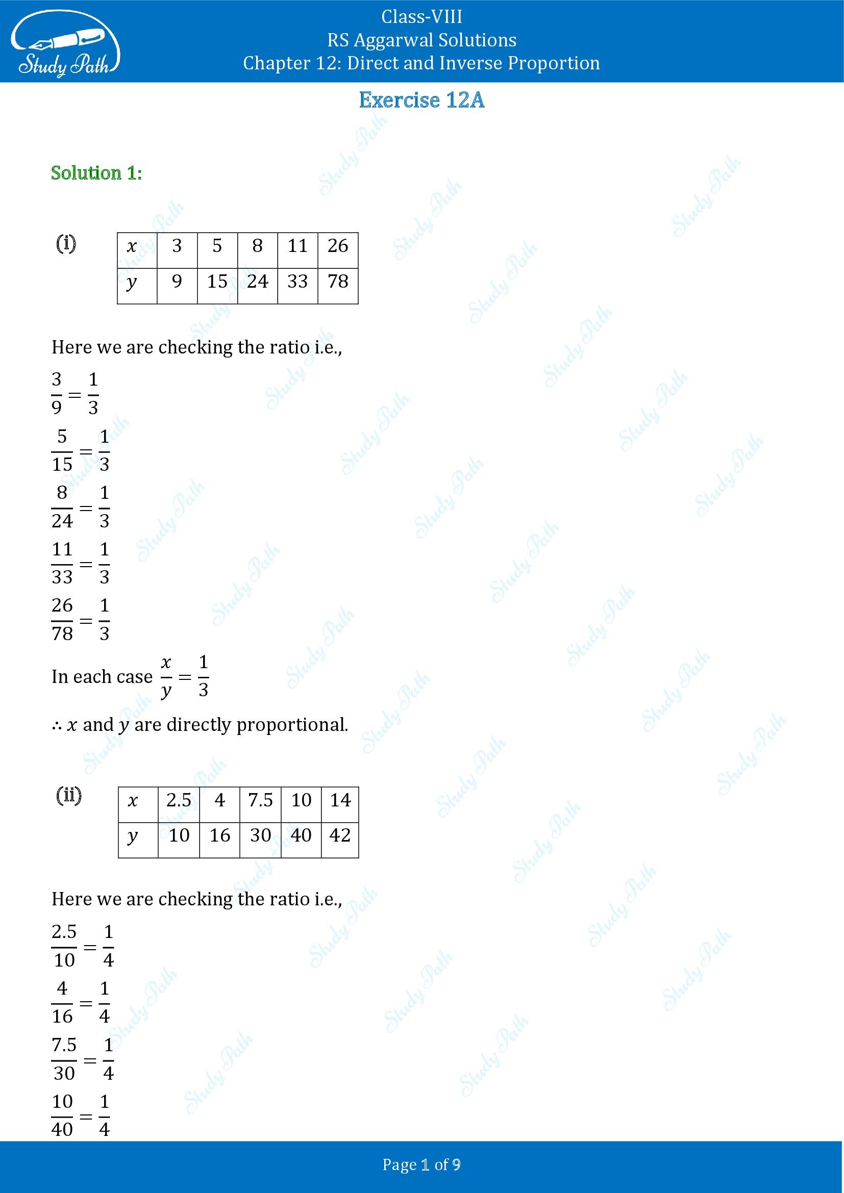RS Aggarwal Solutions Class 8 Chapter 12 Direct and Inverse Proportion Exercise 12A 00001