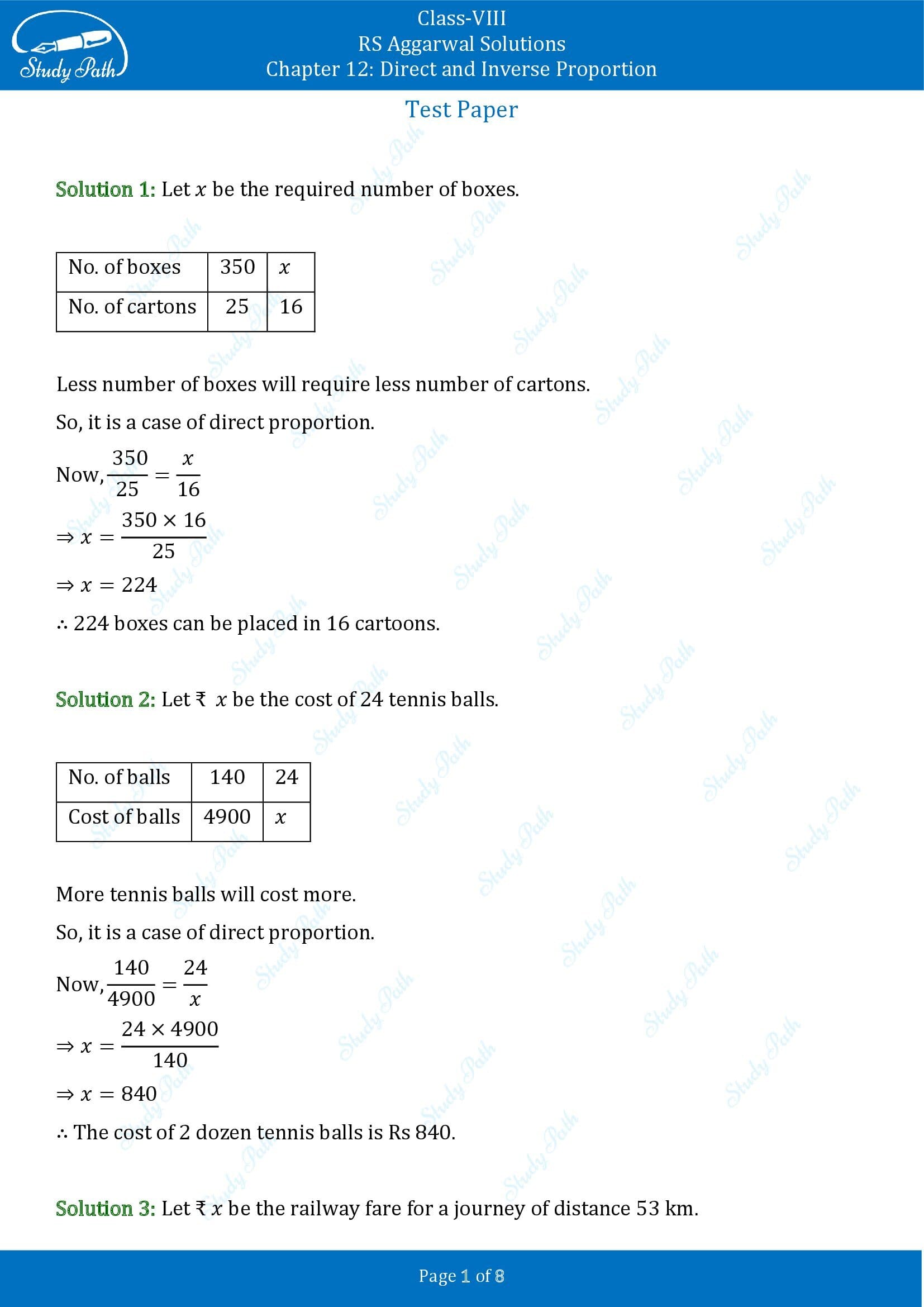 RS Aggarwal Solutions Class 8 Chapter 12 Direct and Inverse Proportion Test Paper 00001