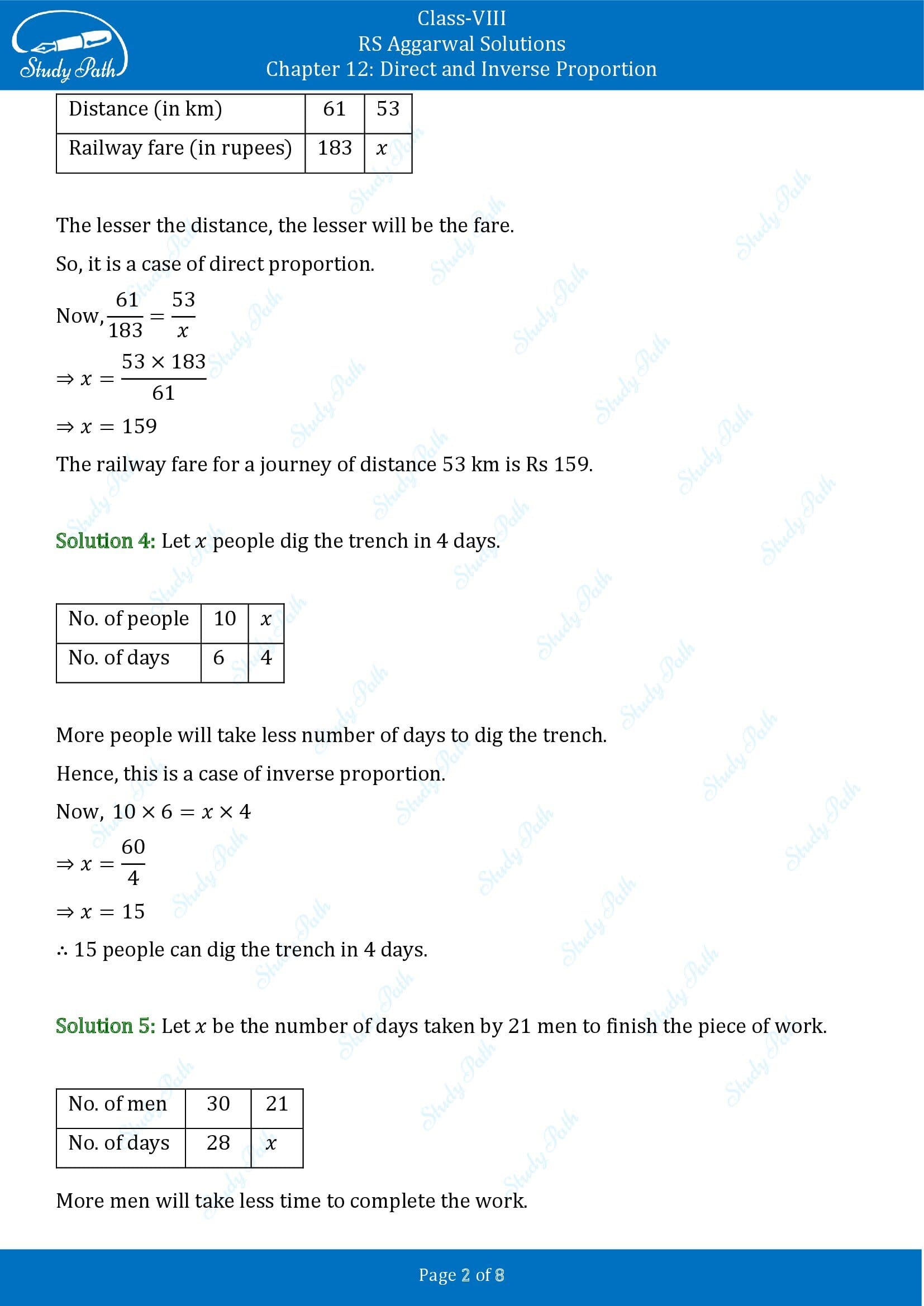 RS Aggarwal Solutions Class 8 Chapter 12 Direct and Inverse Proportion Test Paper 00002