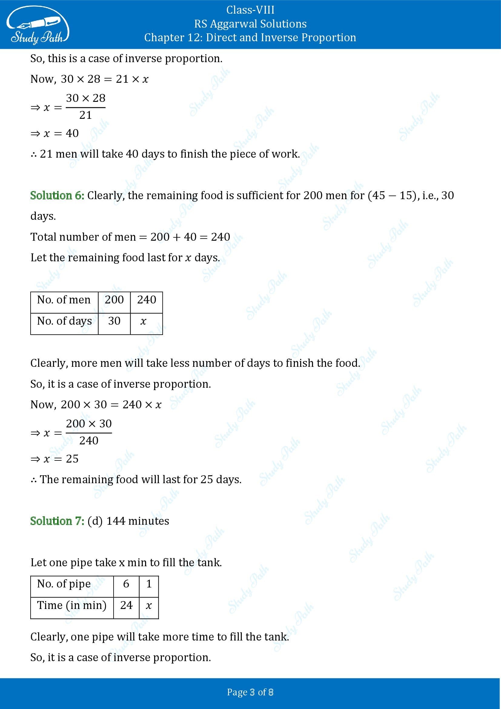 RS Aggarwal Solutions Class 8 Chapter 12 Direct and Inverse Proportion Test Paper 00003