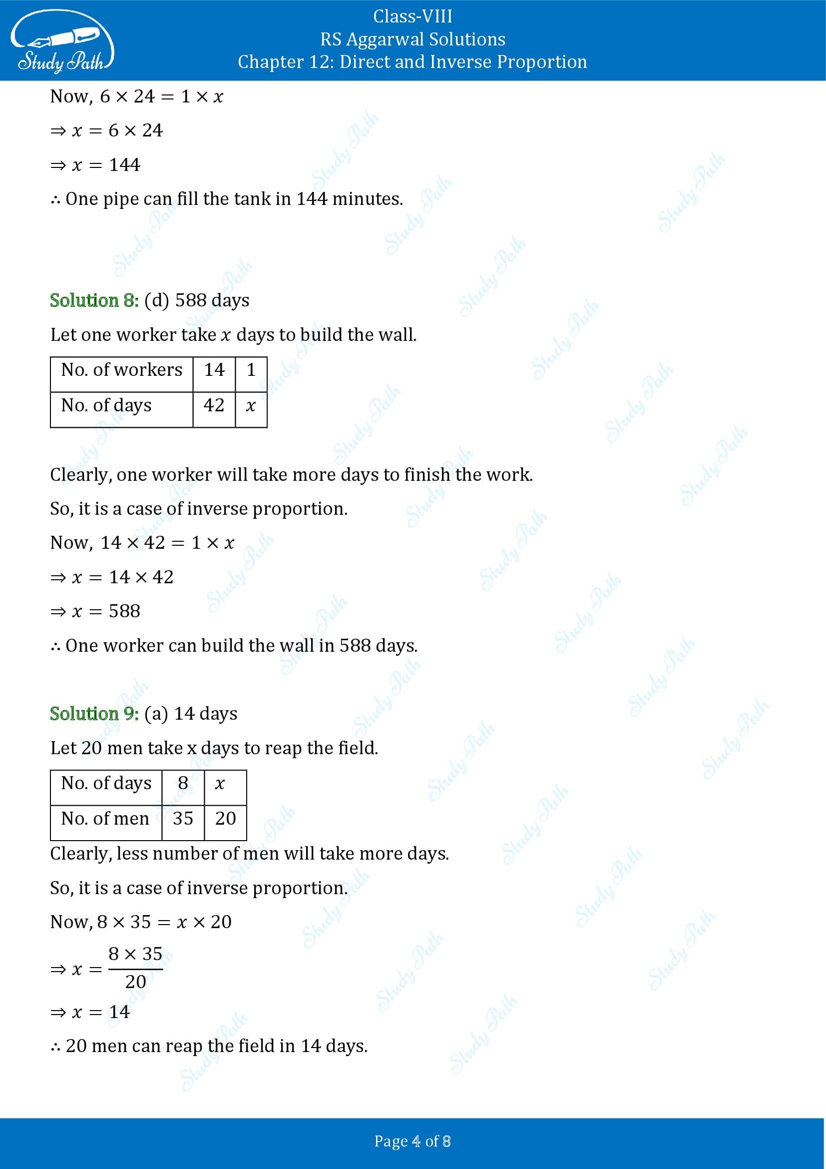 RS Aggarwal Solutions Class 8 Chapter 12 Direct and Inverse Proportion Test Paper 00004