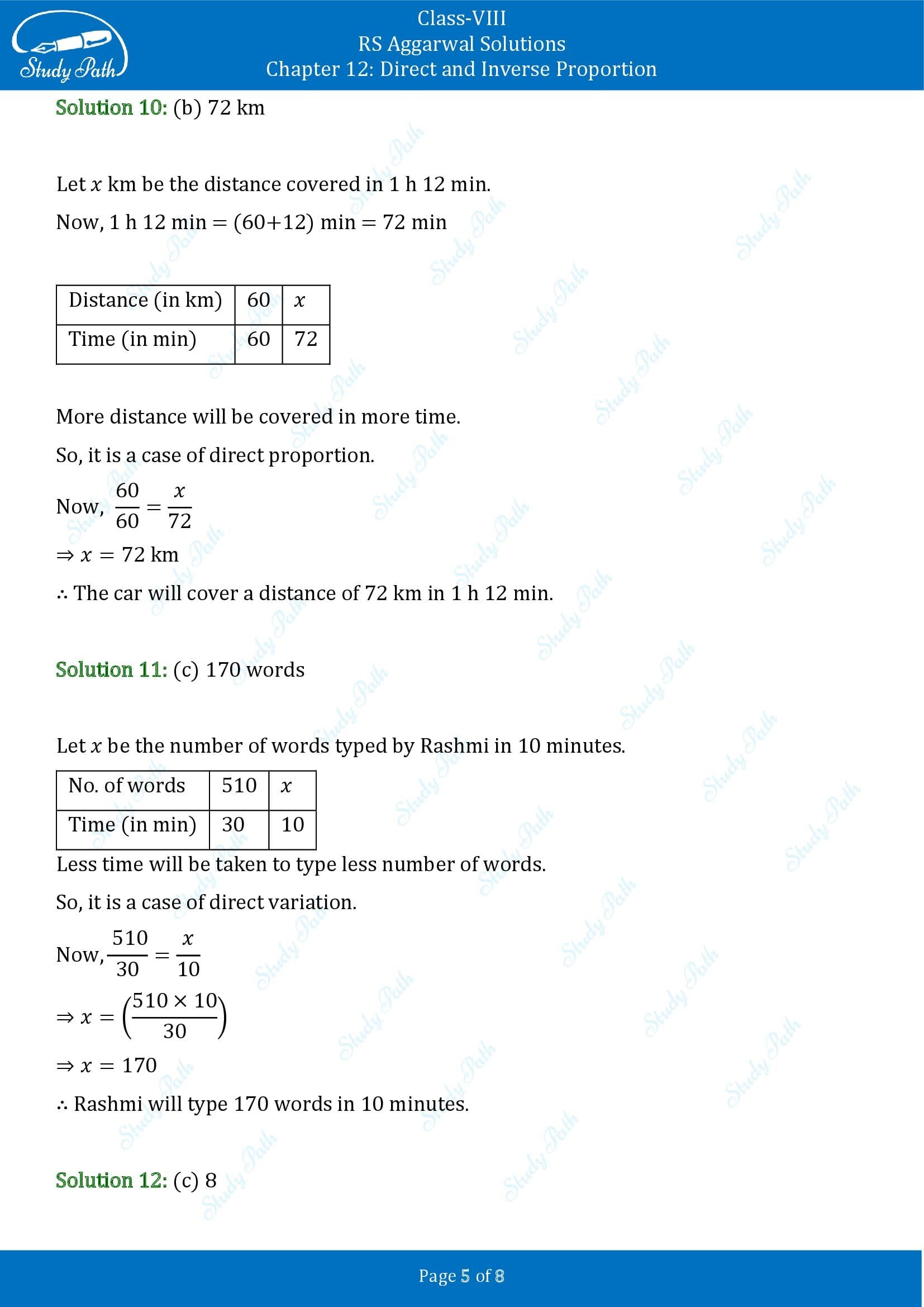 RS Aggarwal Solutions Class 8 Chapter 12 Direct and Inverse Proportion Test Paper 00005