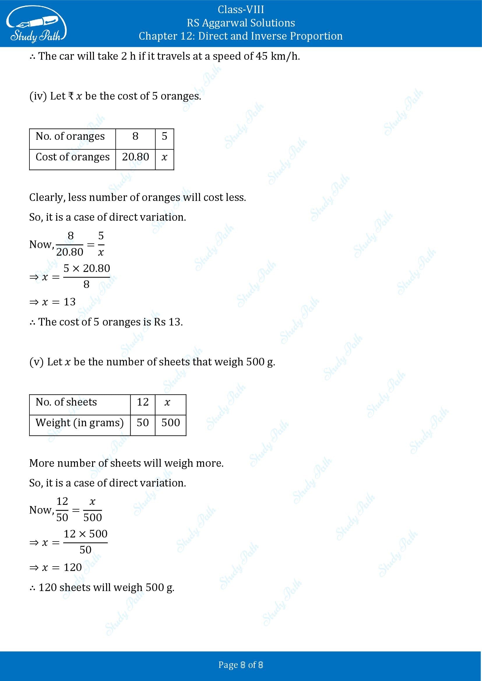 RS Aggarwal Solutions Class 8 Chapter 12 Direct and Inverse Proportion Test Paper 00008