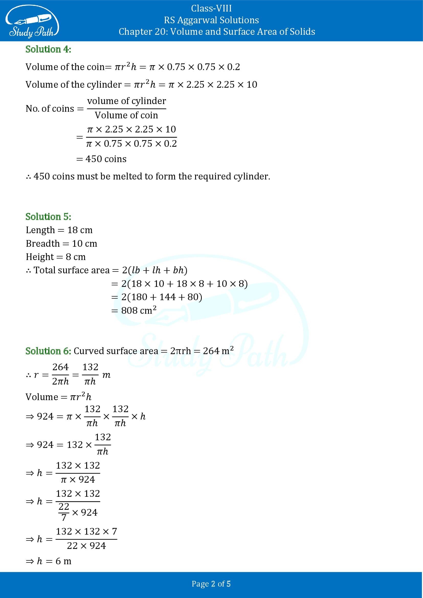 RS Aggarwal Solutions Class 8 Chapter 20 Volume and Surface Area of Solids Test Paper 00002