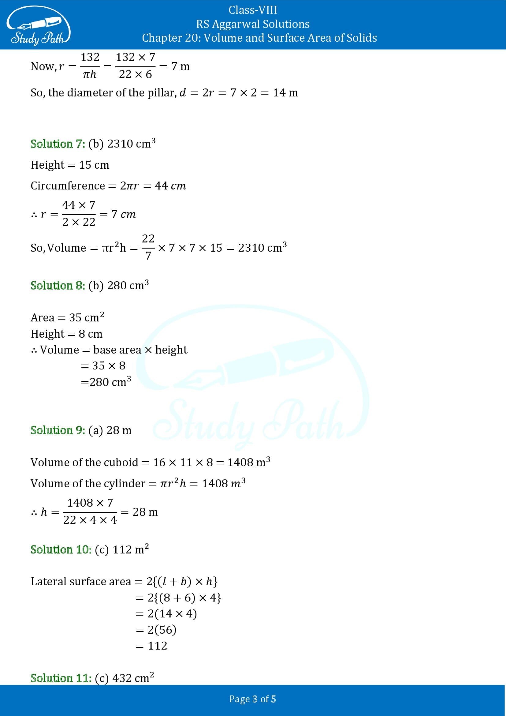 RS Aggarwal Solutions Class 8 Chapter 20 Volume and Surface Area of Solids Test Paper 00003
