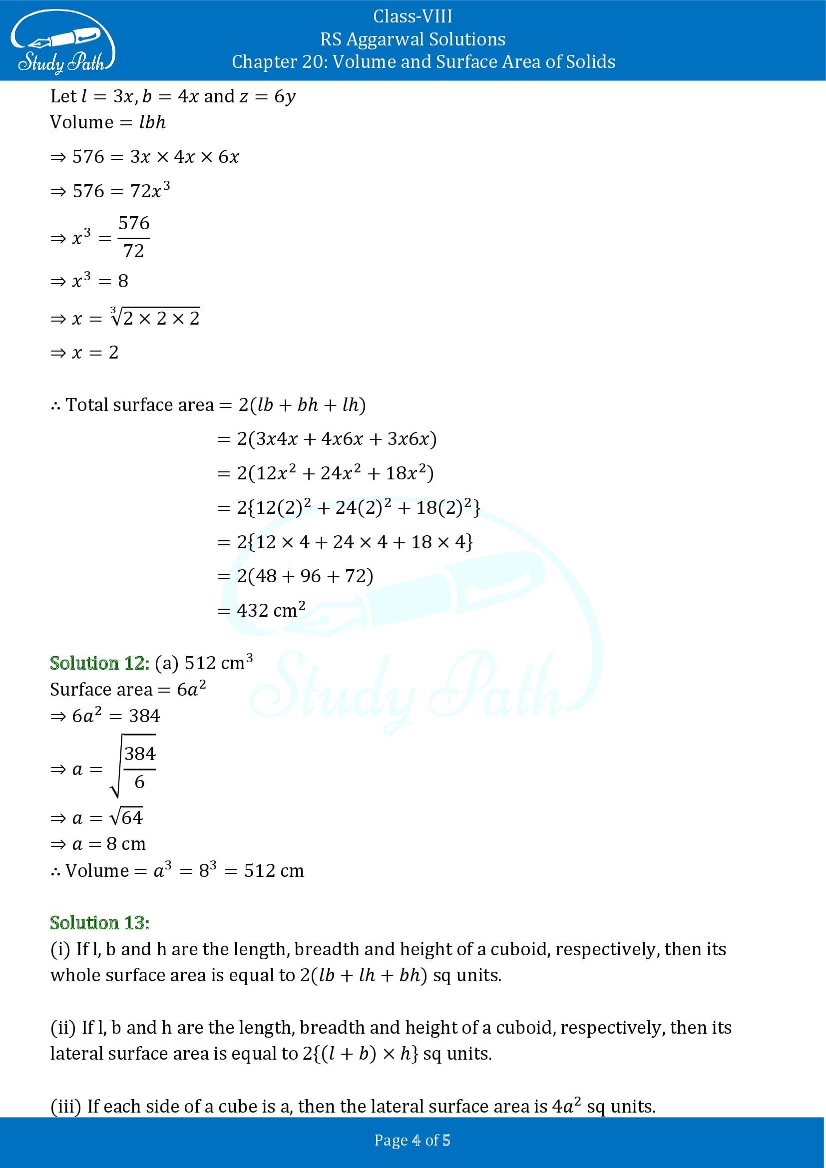 RS Aggarwal Solutions Class 8 Chapter 20 Volume and Surface Area of Solids Test Paper 00004