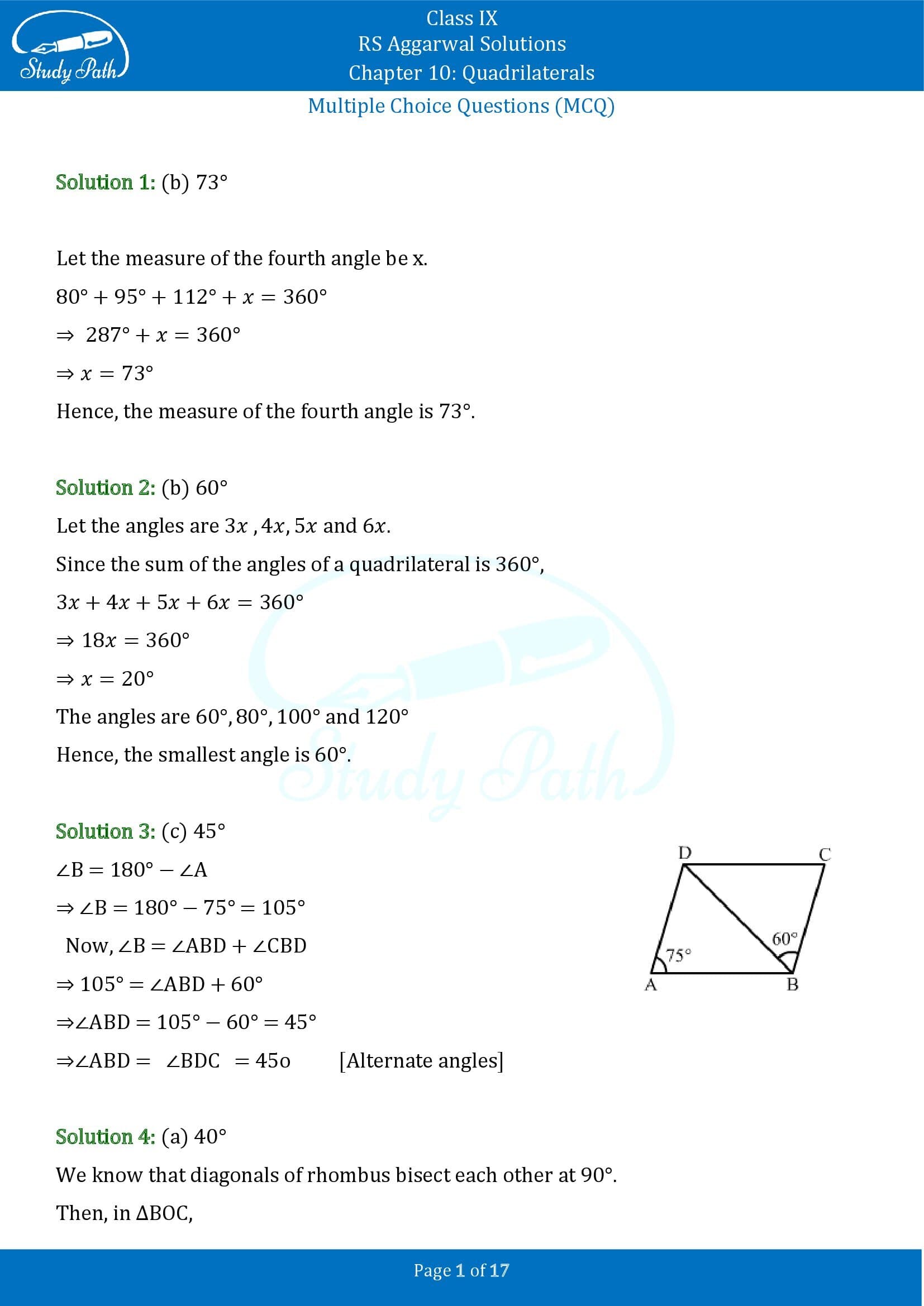 RS Aggarwal Solutions Class 9 Chapter 10 Quadrilaterals Multiple Choice Questions MCQs 00001
