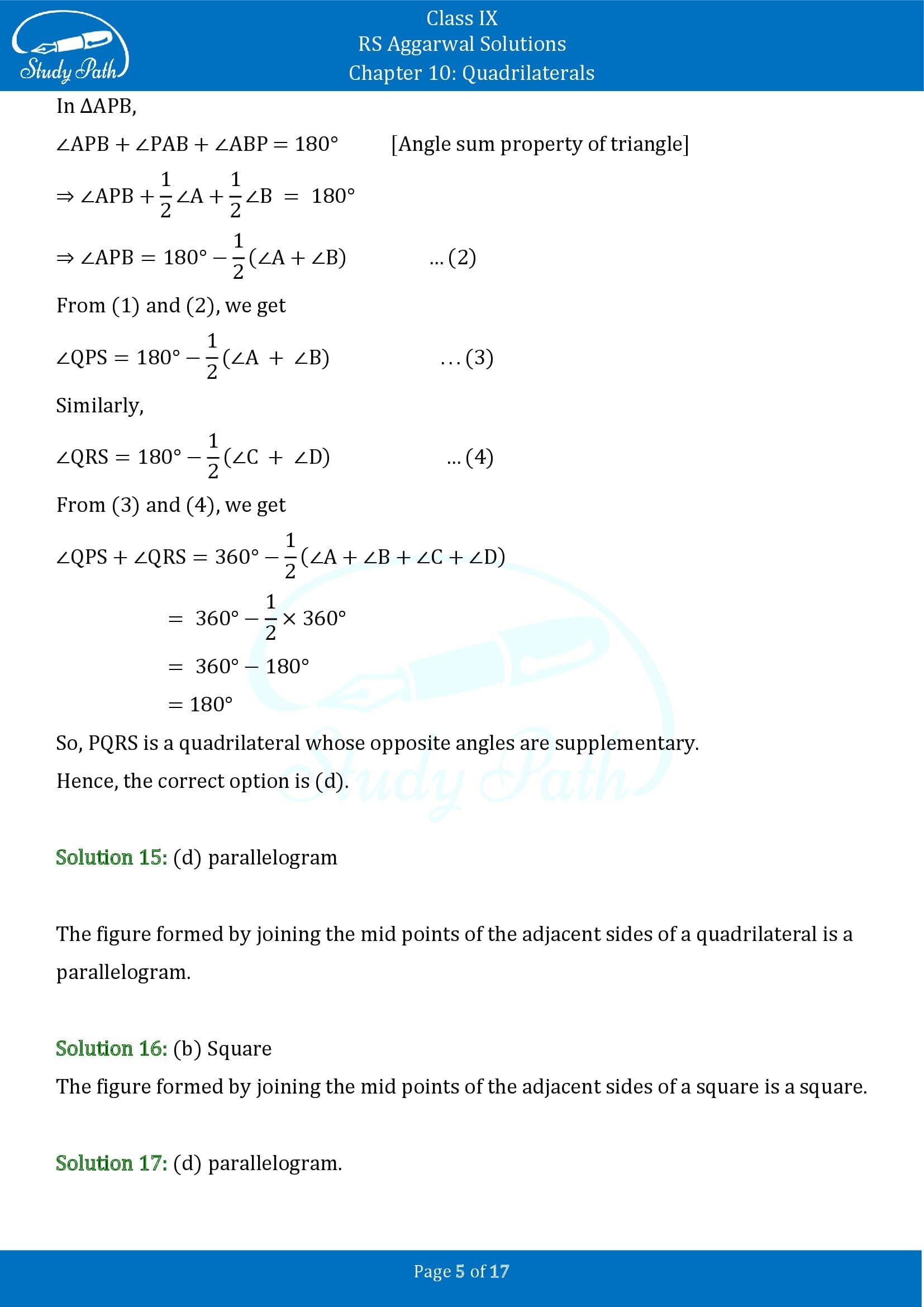 RS Aggarwal Solutions Class 9 Chapter 10 Quadrilaterals Multiple Choice Questions MCQs 00005