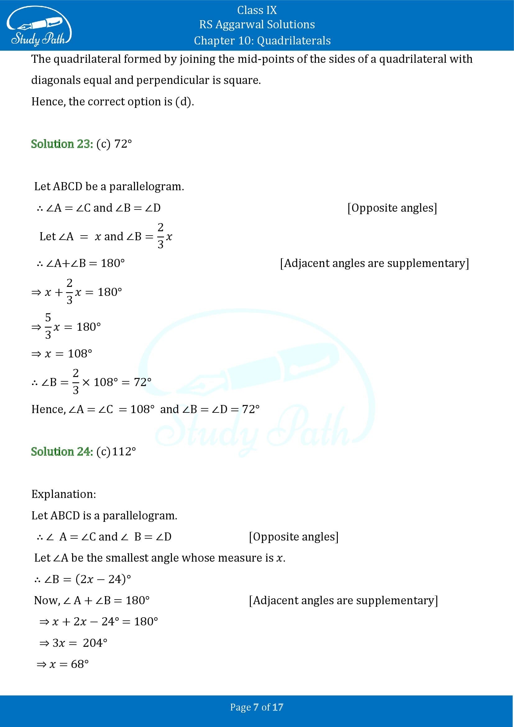 RS Aggarwal Solutions Class 9 Chapter 10 Quadrilaterals Multiple Choice Questions MCQs 00007