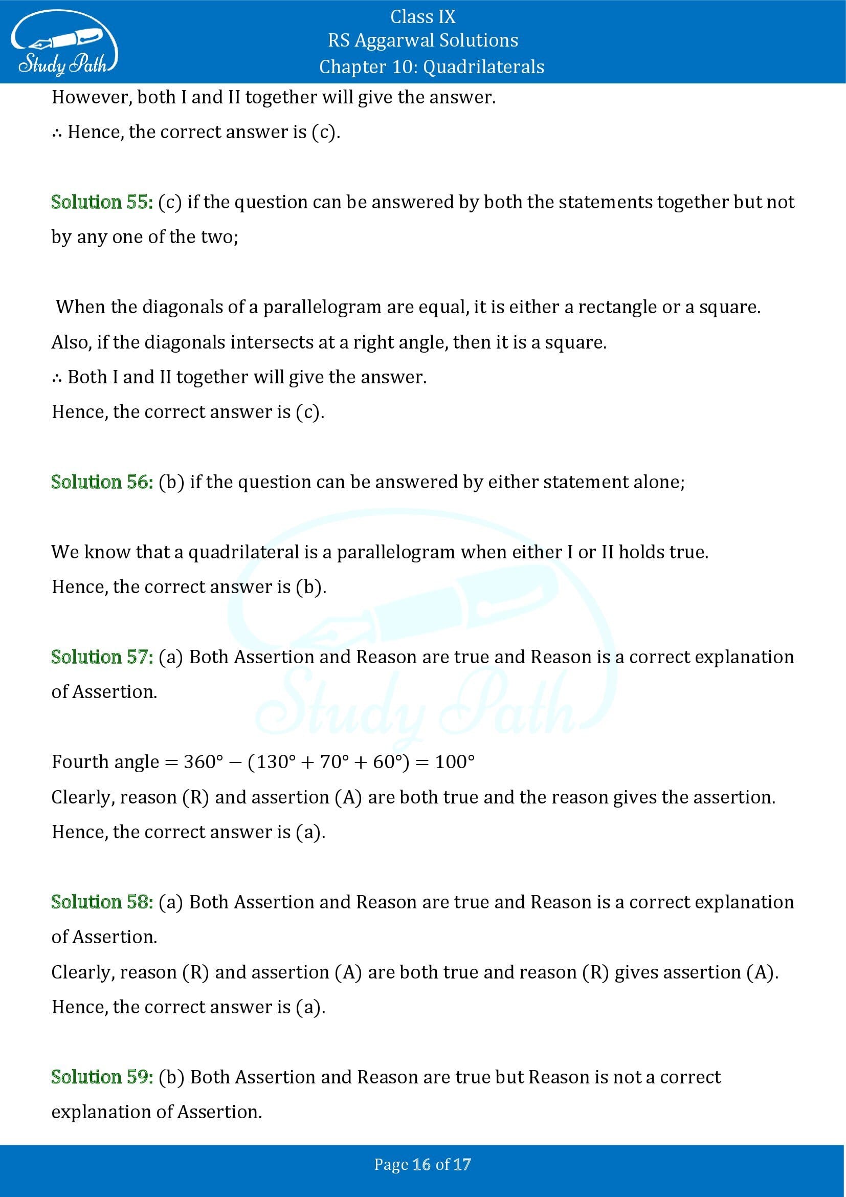 RS Aggarwal Solutions Class 9 Chapter 10 Quadrilaterals Multiple Choice Questions MCQs 00016