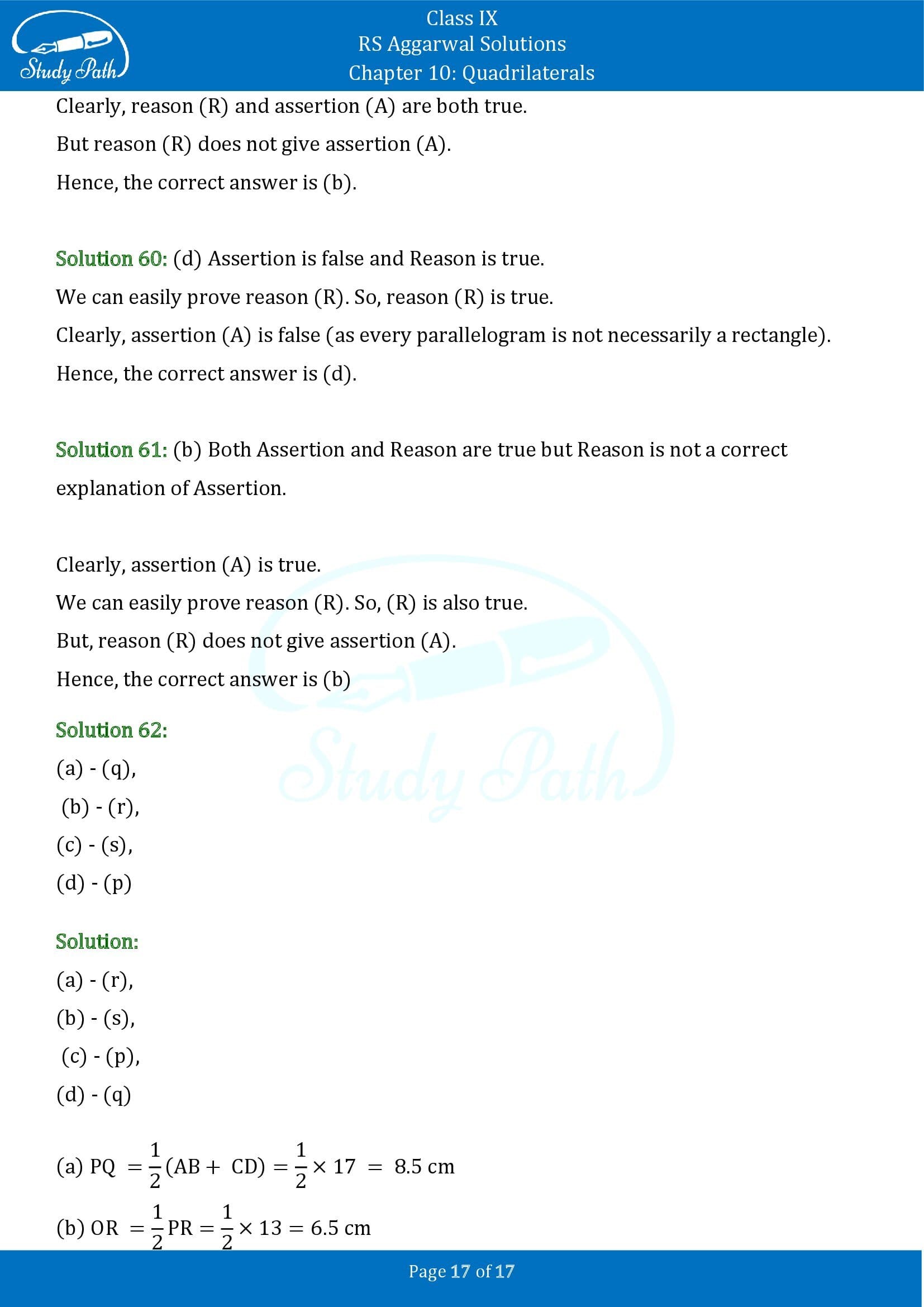 RS Aggarwal Solutions Class 9 Chapter 10 Quadrilaterals Multiple Choice Questions MCQs 00017