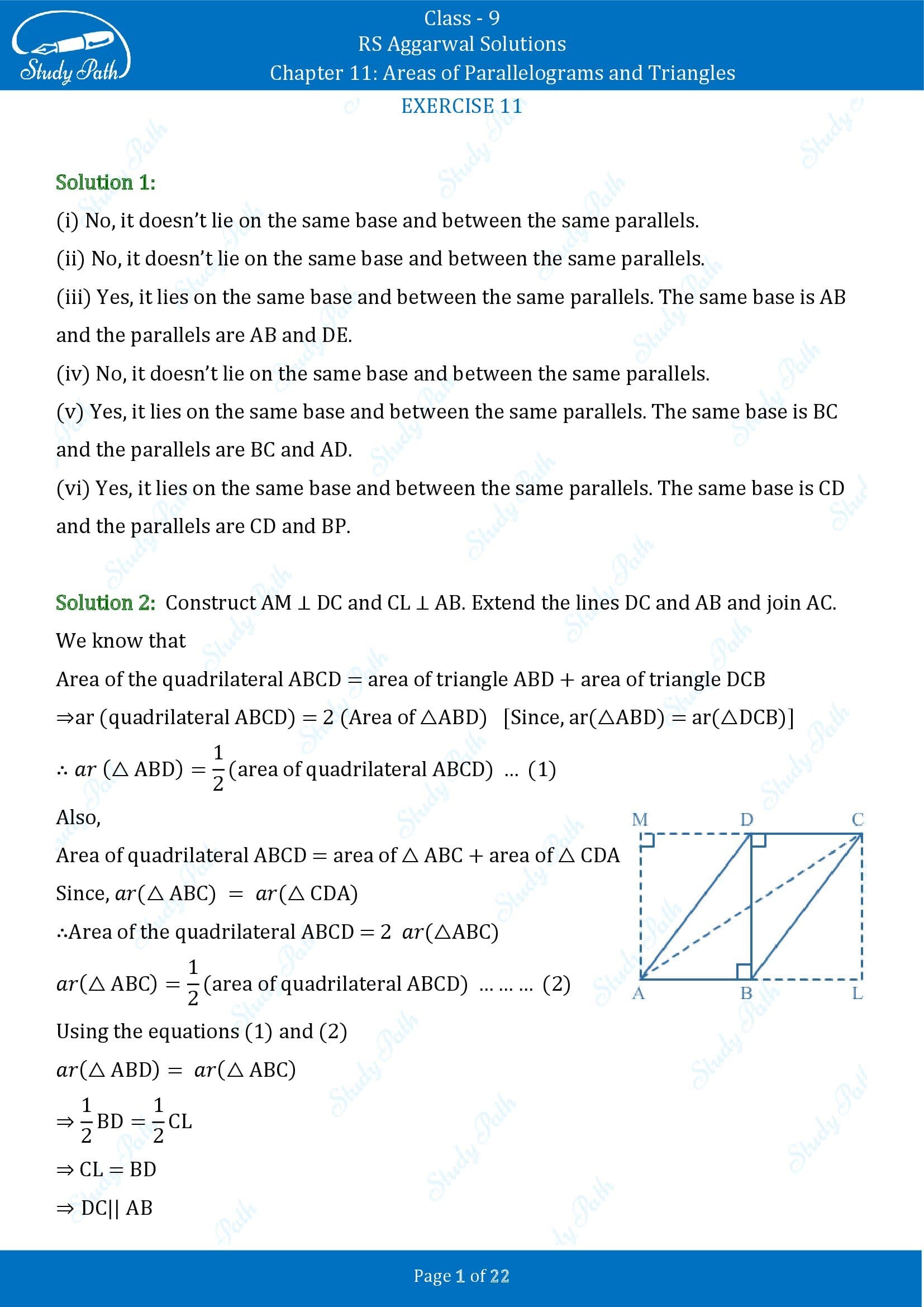 RS Aggarwal Solutions Class 9 Chapter 11 Areas of Parallelograms and Triangles Exercise 11 00001