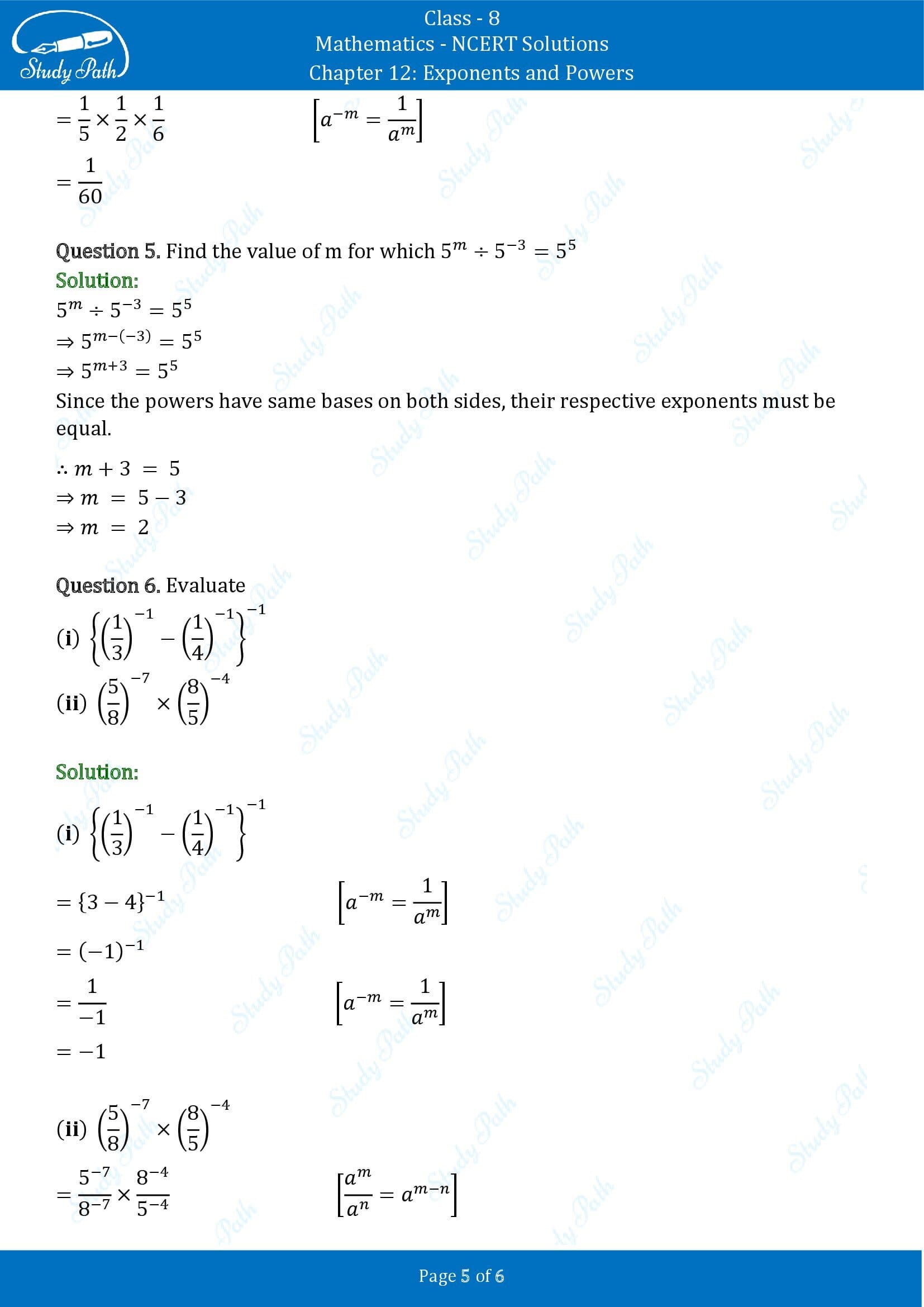 NCERT Solutions for Class 8 Maths Chapter 12 Exponents and Powers Exercise 12.1 00005