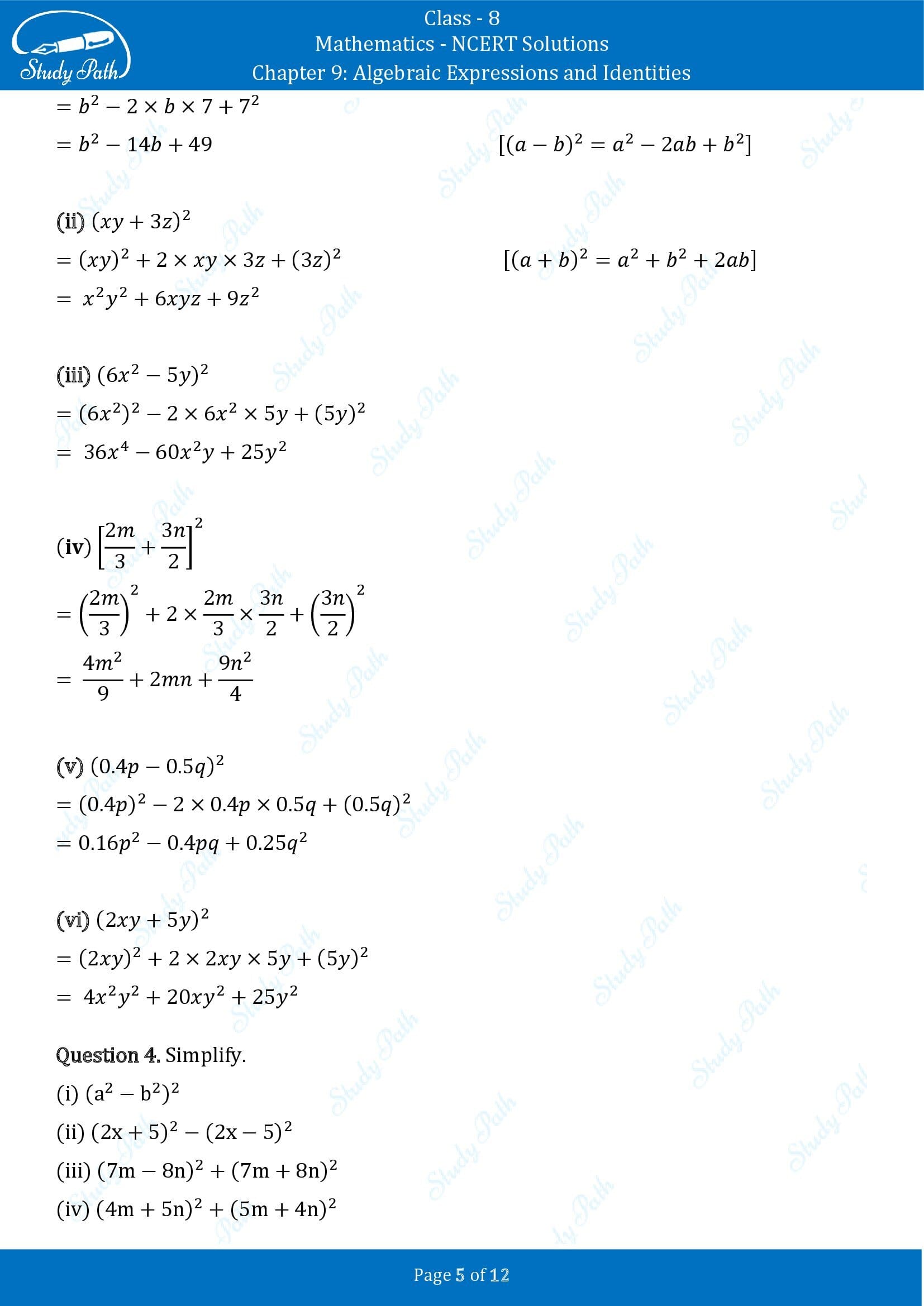 NCERT Solutions for Class 8 Maths Chapter 9 Algebraic Expressions and Identities Exercise 9.5 00005