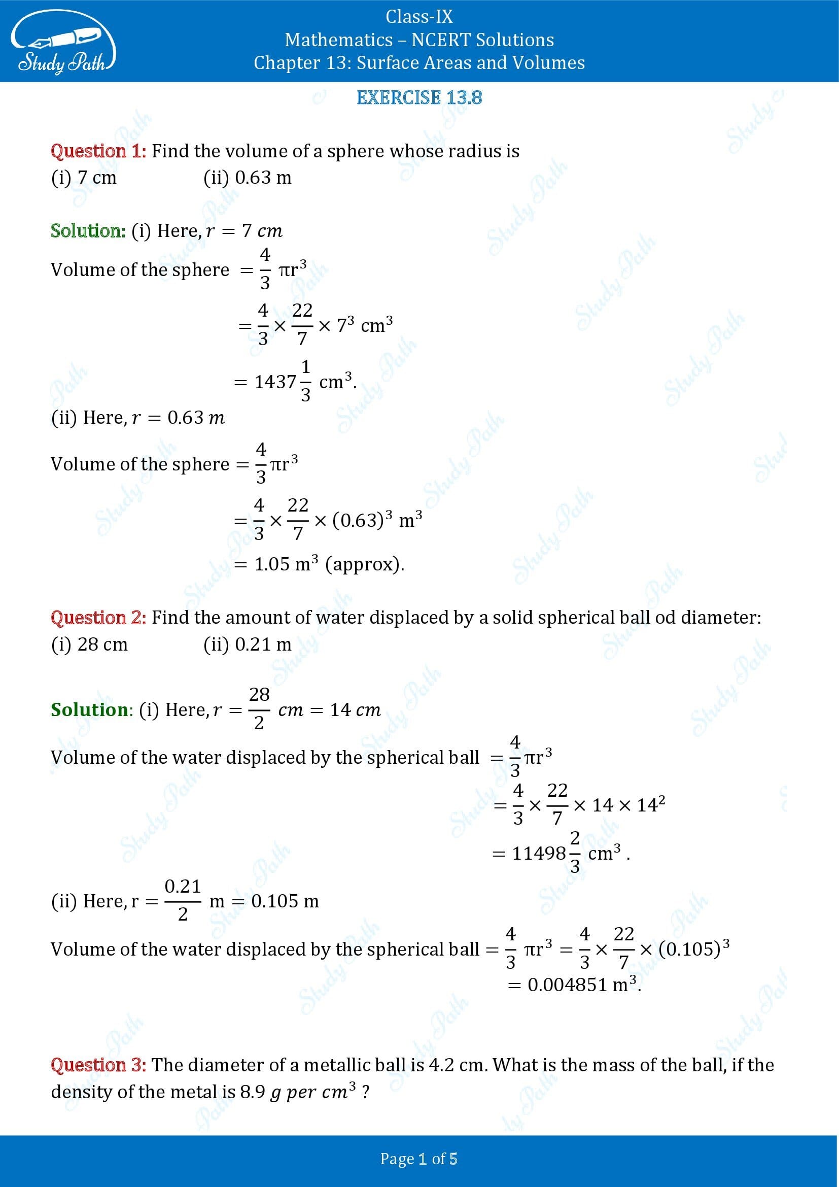 NCERT Solutions for Class 9 Maths Chapter 13 Surface Areas and Volumes Exercise 13.8 00001