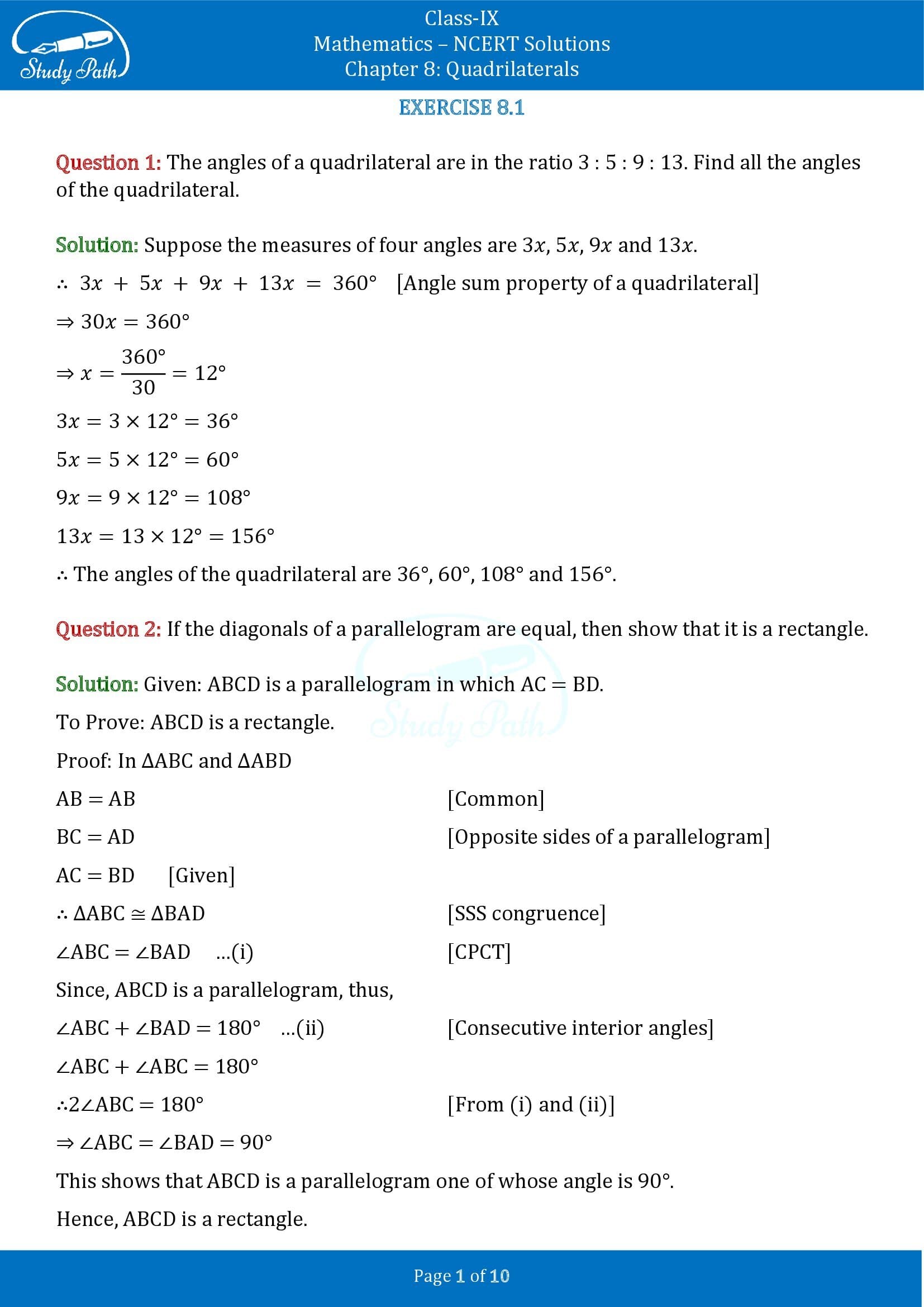 NCERT Solutions for Class 9 Maths Chapter 8 Triangles Exercise 8.1 00001