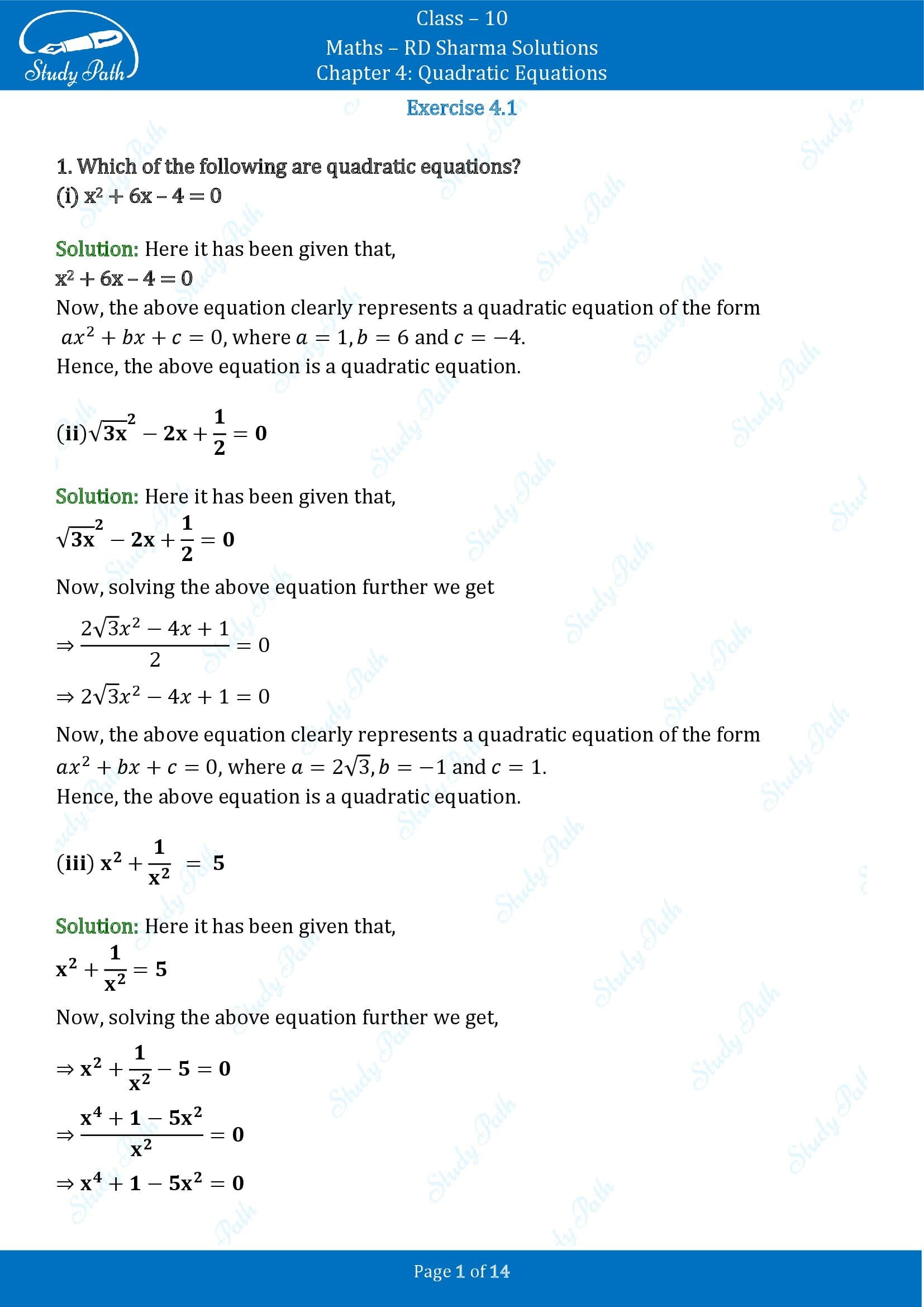 RD Sharma Solutions Class 10 Chapter 4 Quadratic Equations Exercise 4.1 00001