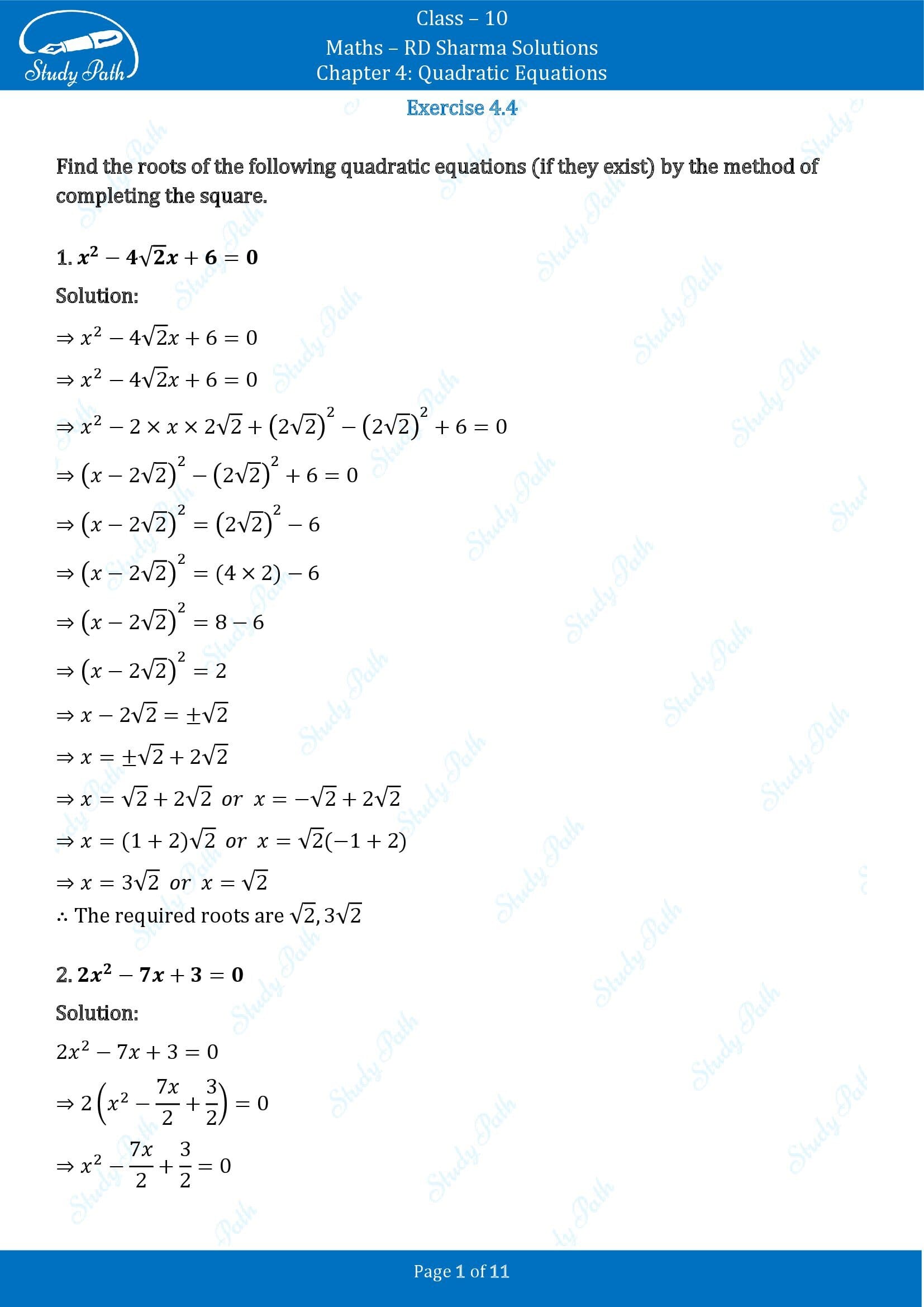 RD Sharma Solutions Class 10 Chapter 4 Quadratic Equations Exercise 4.4 00001