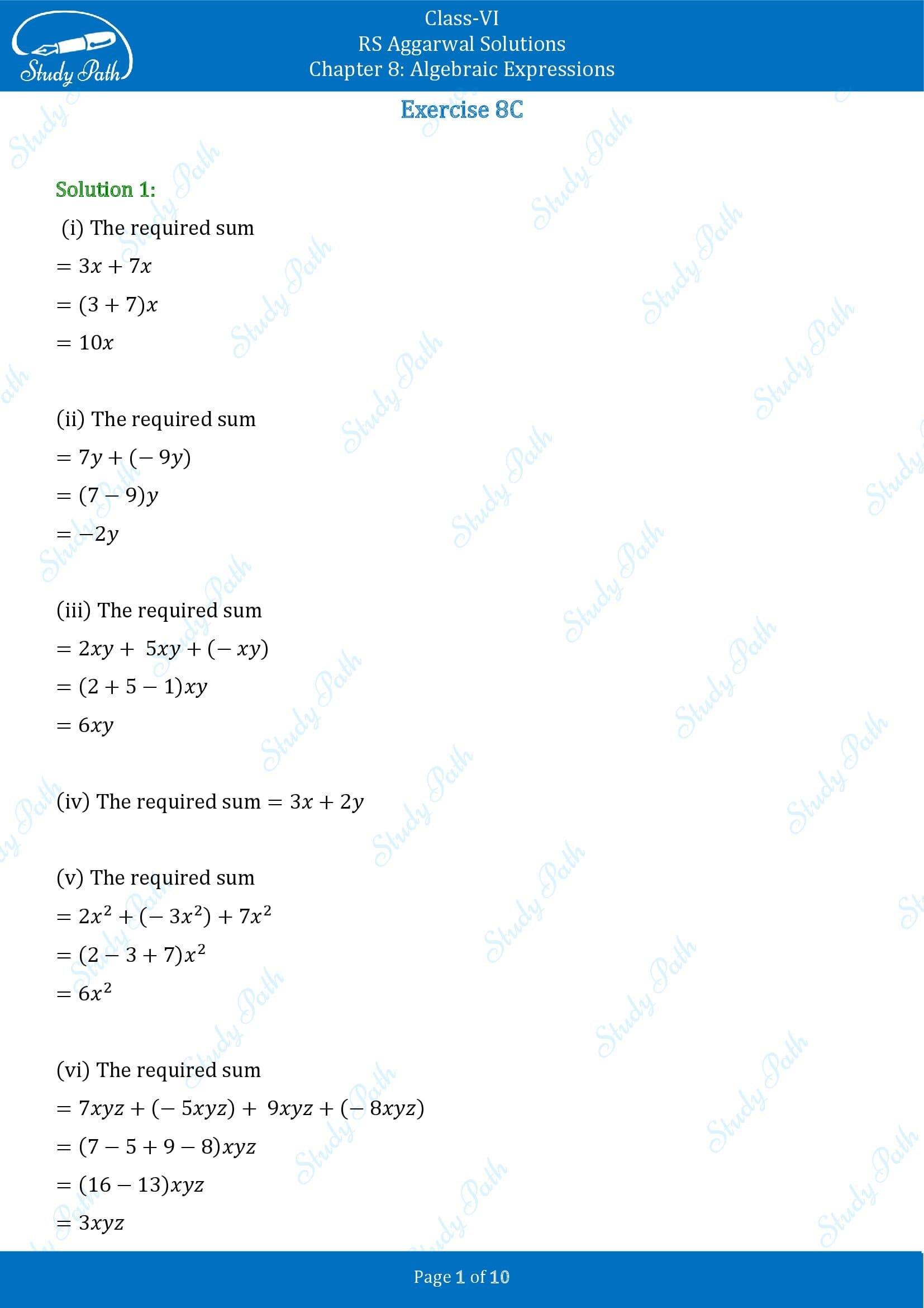 RS Aggarwal Solutions Class 6 Chapter 8 Algebraic Expressions Exercise 8C 00001