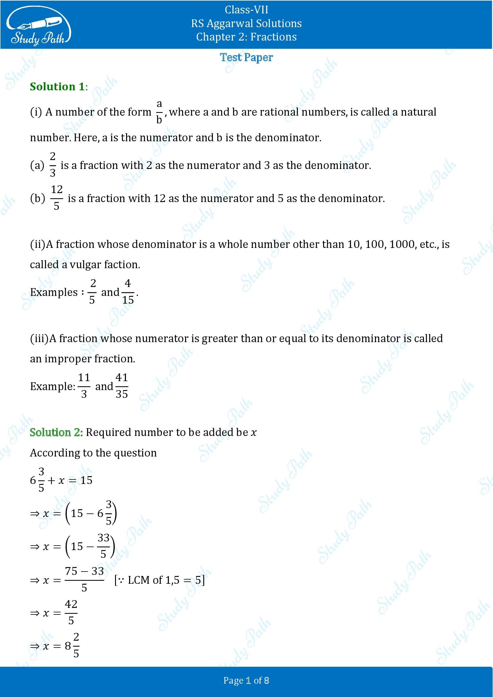 RS Aggarwal Solutions Class 7 Chapter 2 Fractions Test Paper 00001
